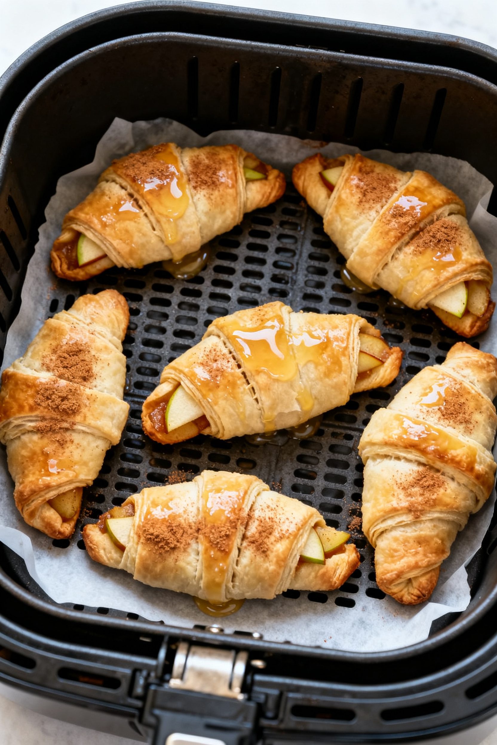 Cooking process: Air fryer basket at 350°F with a single layer of assembled apple crescent rolls mi