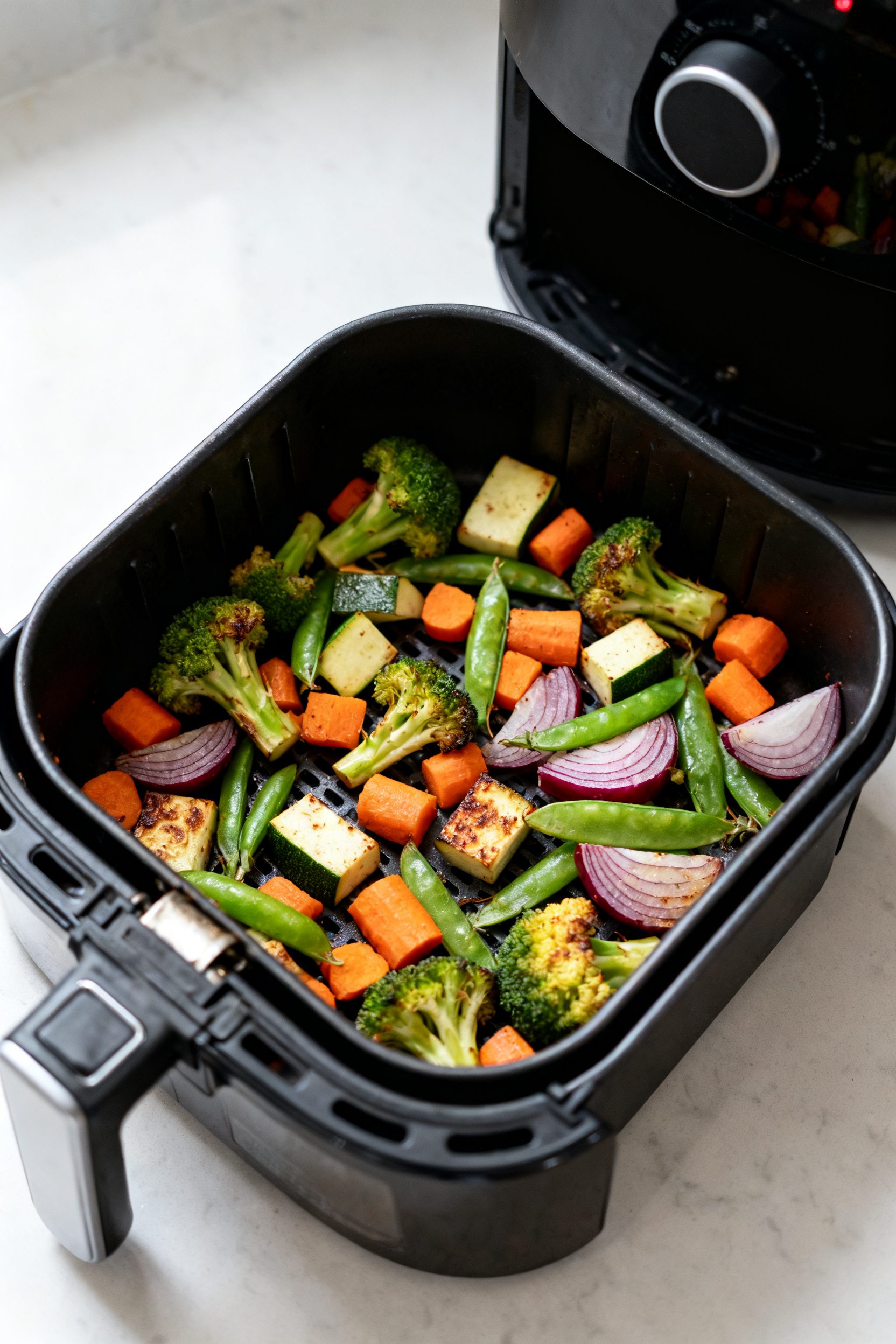 Cooking process: Air fryer basket at 375°F mid-cook, veggies spread in a loose, even layer (broccol