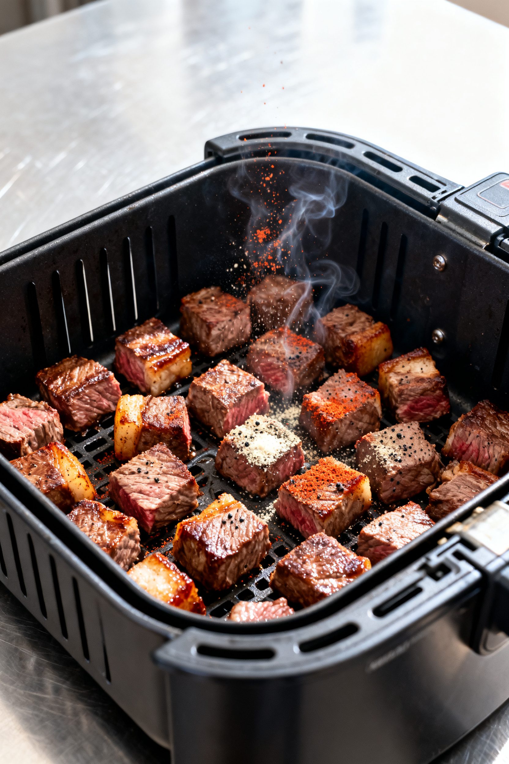 Cooking process: Air fryer basket at 400°F mid-cook, steak cubes arranged in a single layer with sp