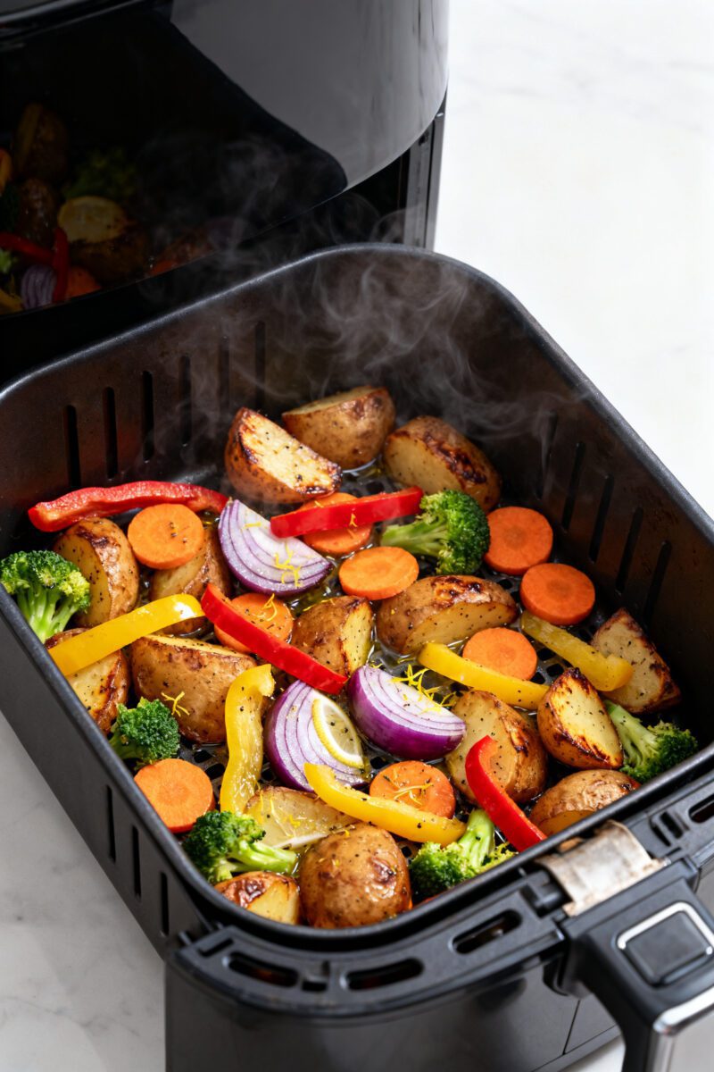 Cooking process: Air fryer basket just opened with potatoes given a head start—crispy, browned pot