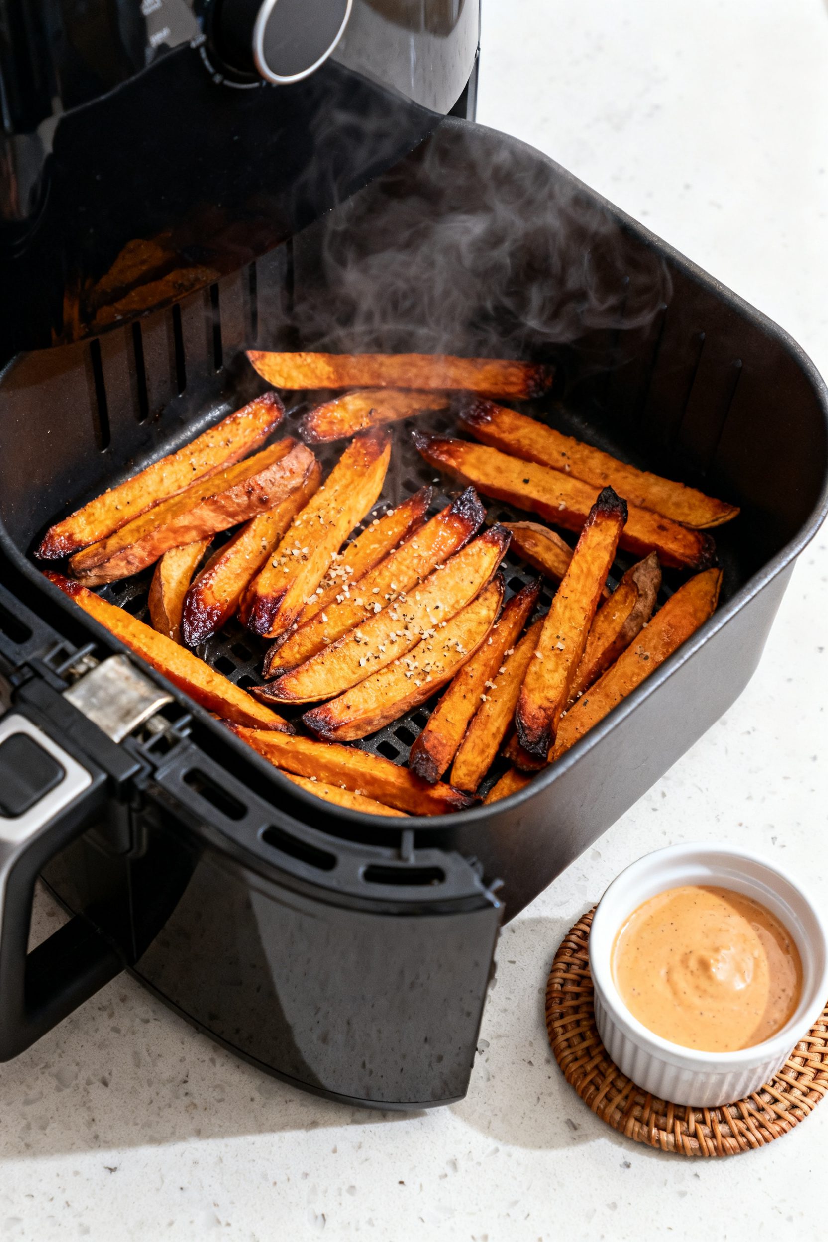 Cooking process: Air fryer basket just pulled open, revealing a single layer of golden-brown sweet p