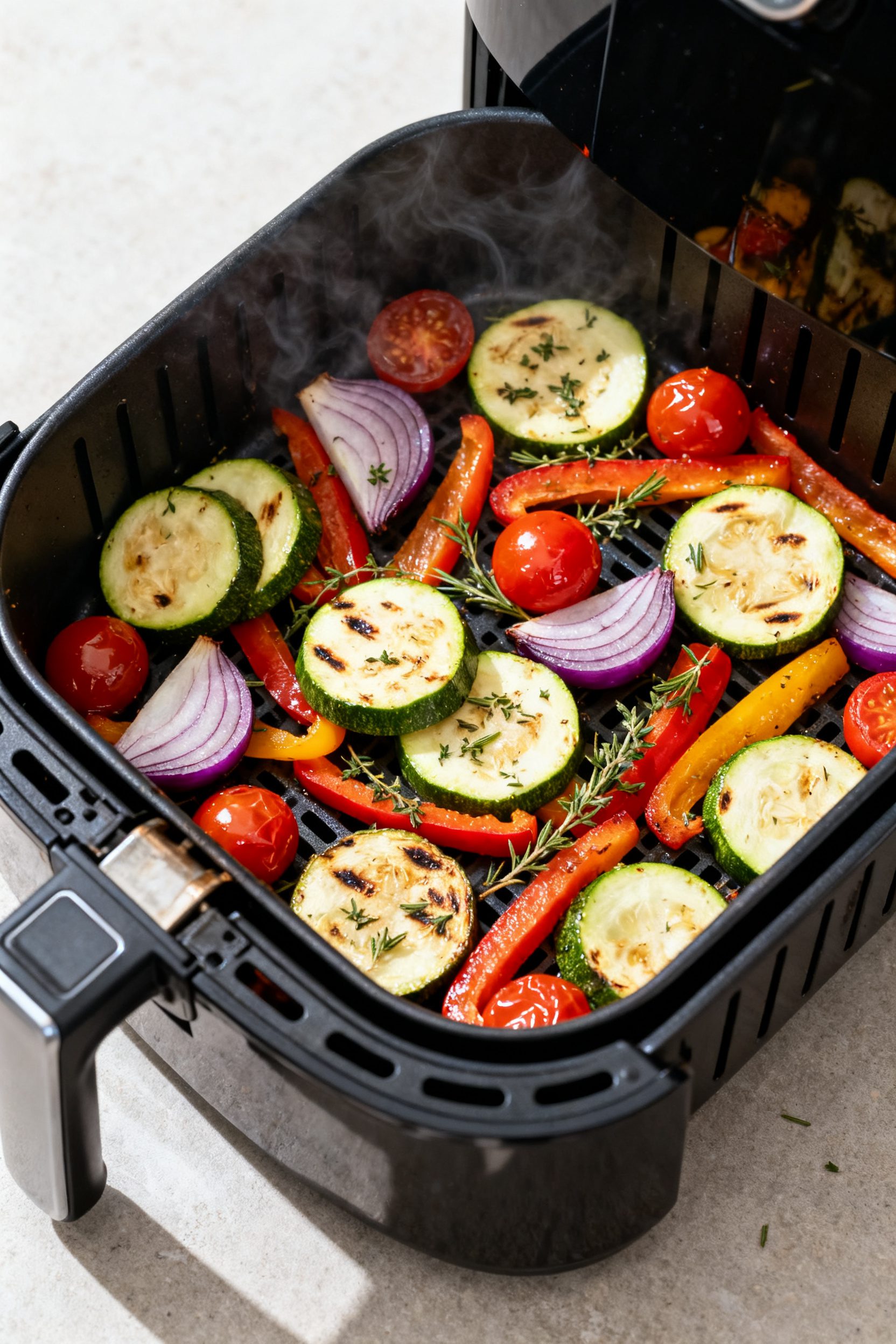 Cooking process: Air fryer basket loaded in a single layer with a vibrant Mediterranean mix—zucchi