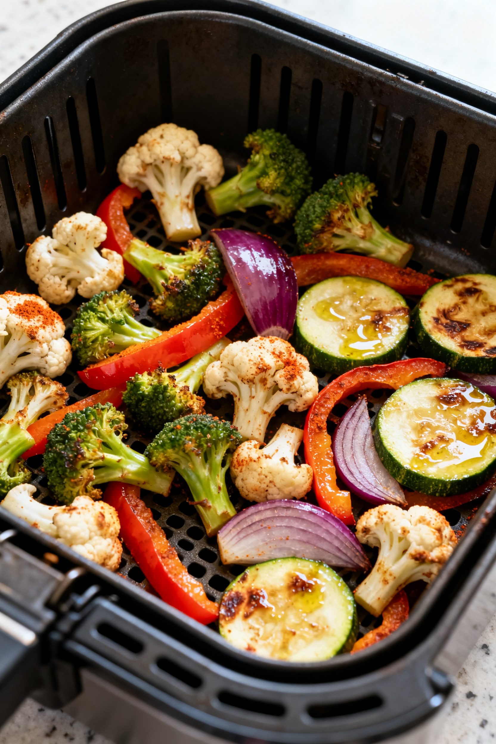 Cooking process: Air fryer basket loaded in a single, uncrowded layer with mixed cooked veggies—br