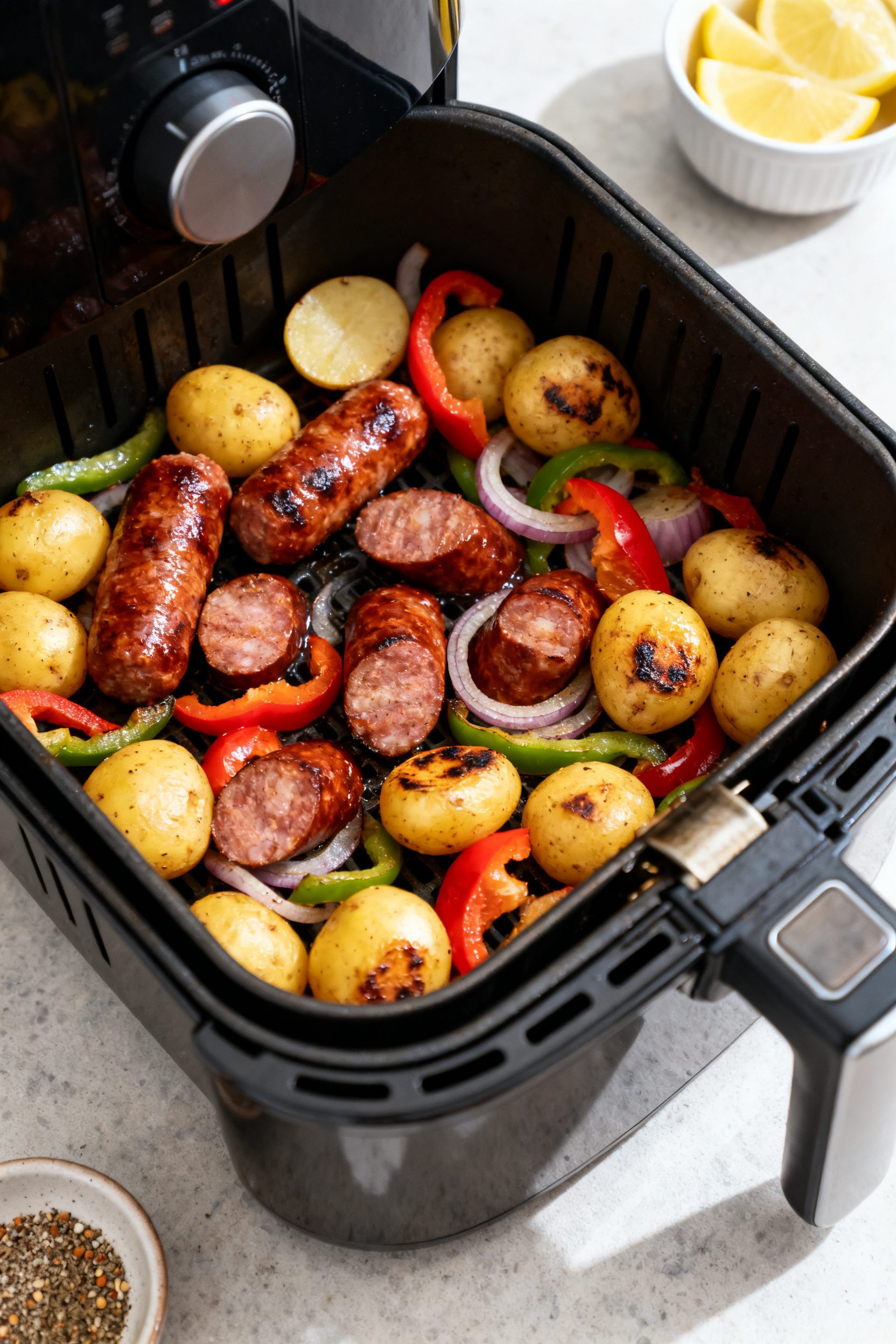 Cooking process: Air fryer basket mid-cook at 400°F, single-layer arrangement of browned smoked sau