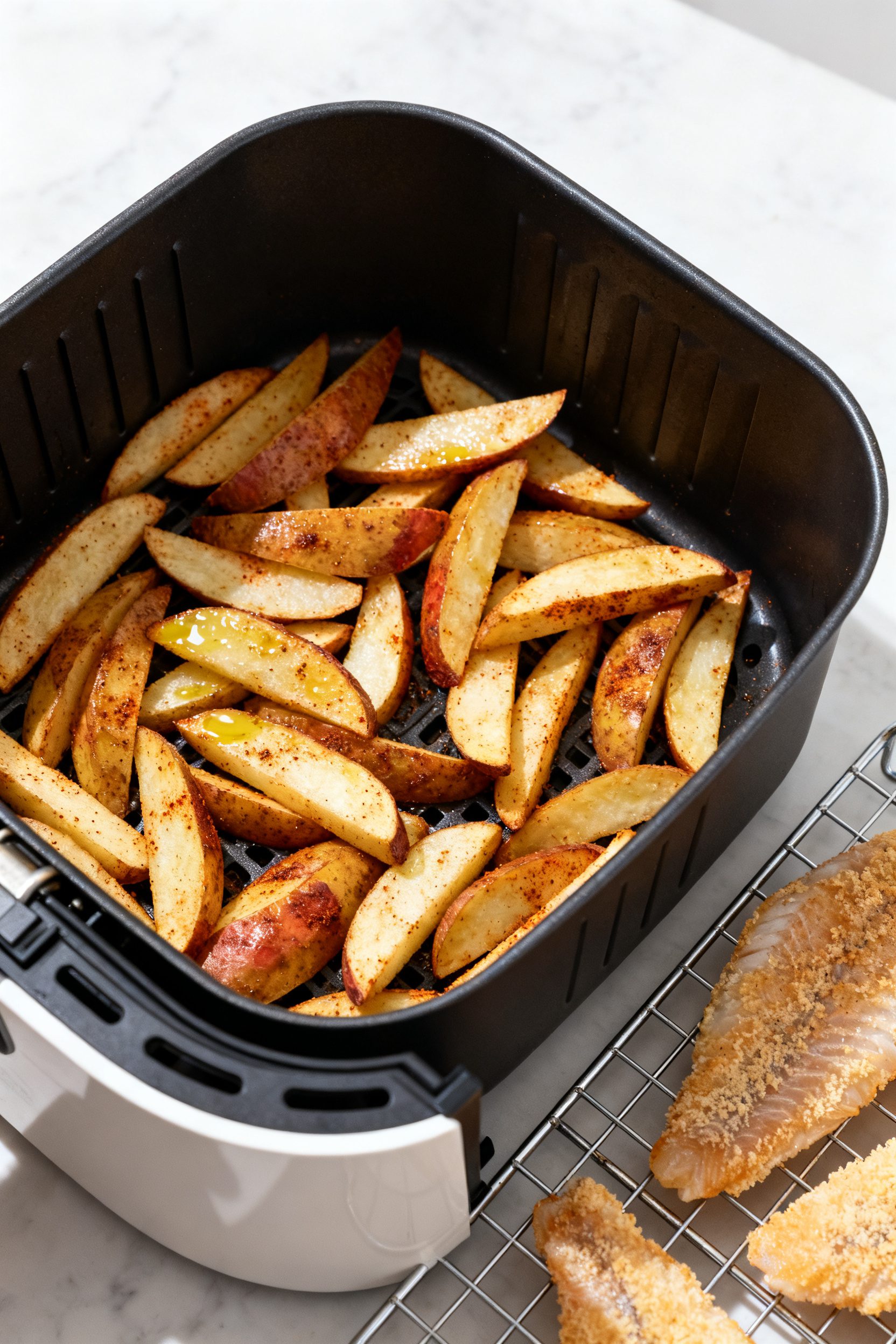 Cooking process: Air fryer basket mid-cook with a single layer of seasoned russet “chips” (fries