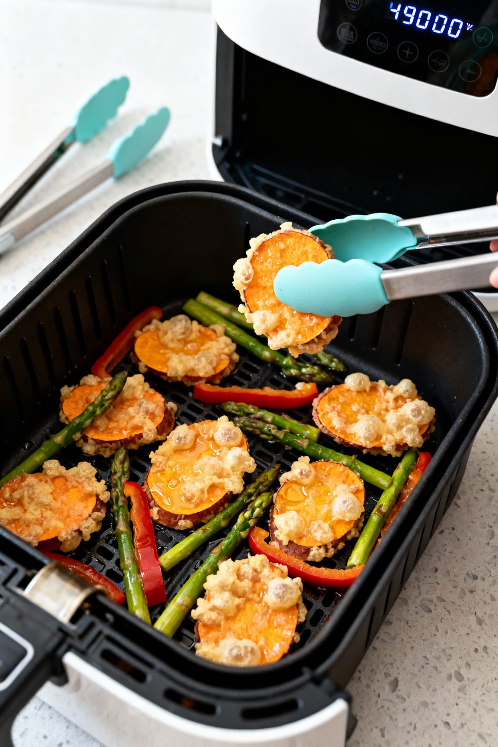 Cooking process: Air fryer basket mid-cook with evenly spaced tempura-coated sweet potato slices, as