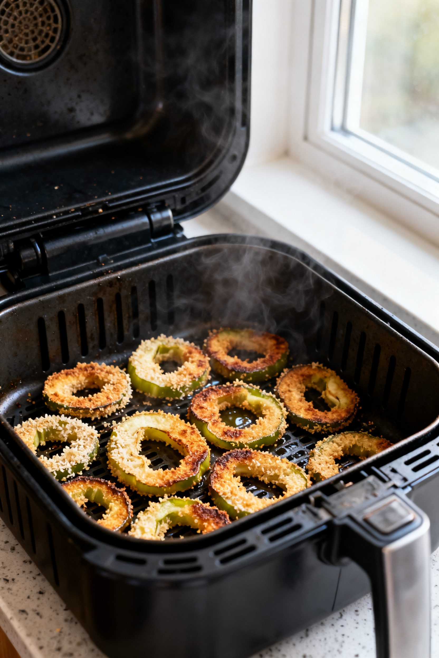 Cooking process: Air fryer basket open with a single, uncrowded layer of breaded banana pepper rings