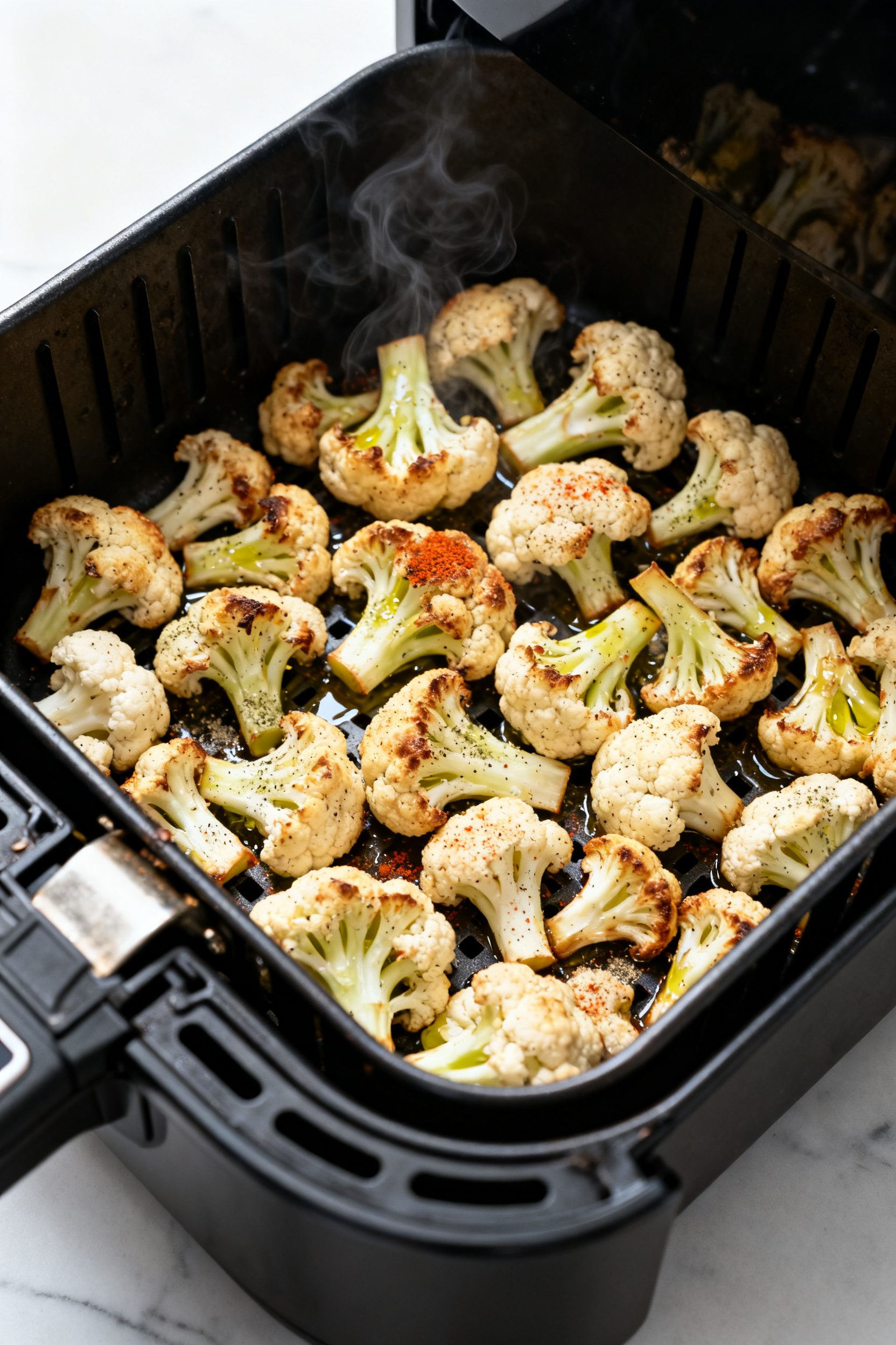 Cooking process: Air fryer basket pulled out mid-cook with a single, evenly spaced layer of seasoned