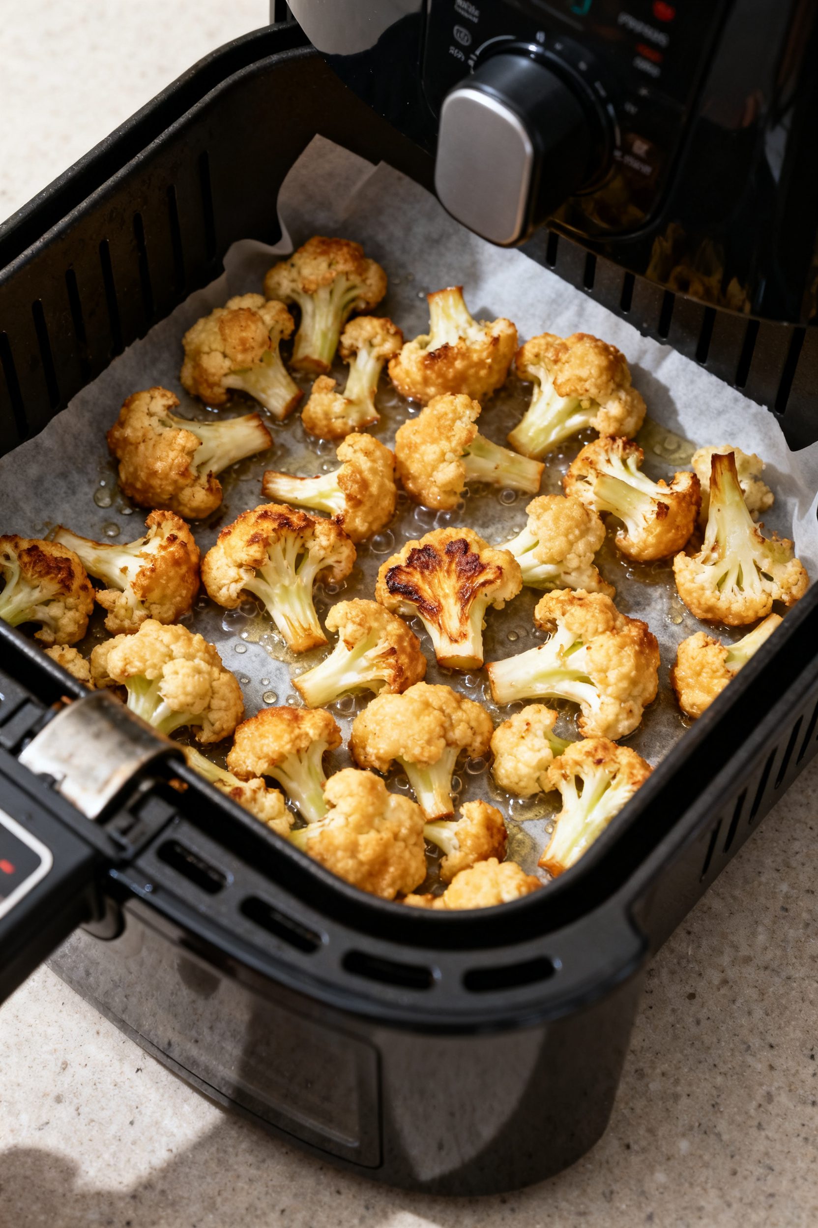 Cooking process: Air fryer basket pulled out mid-cook showing a single, uncrowded layer of battered