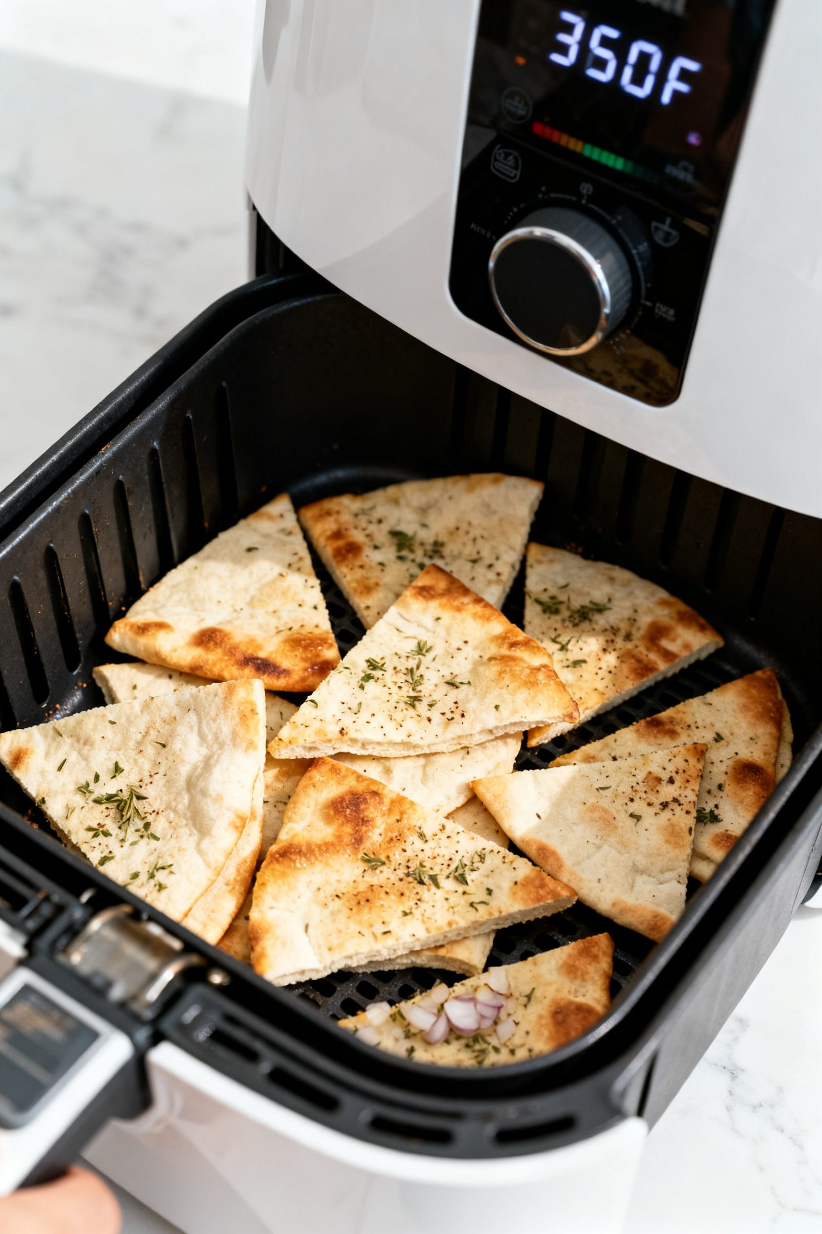 Cooking process: Air fryer basket scene mid-cook with a single, even layer of pita wedges, lightly o