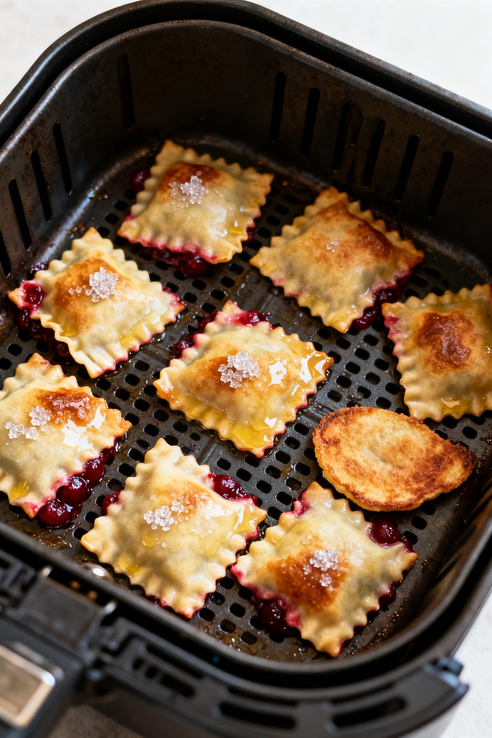 Cooking process: Air fryer basket scene with a single layer of cherry pie ravioli mid-cook—golden 