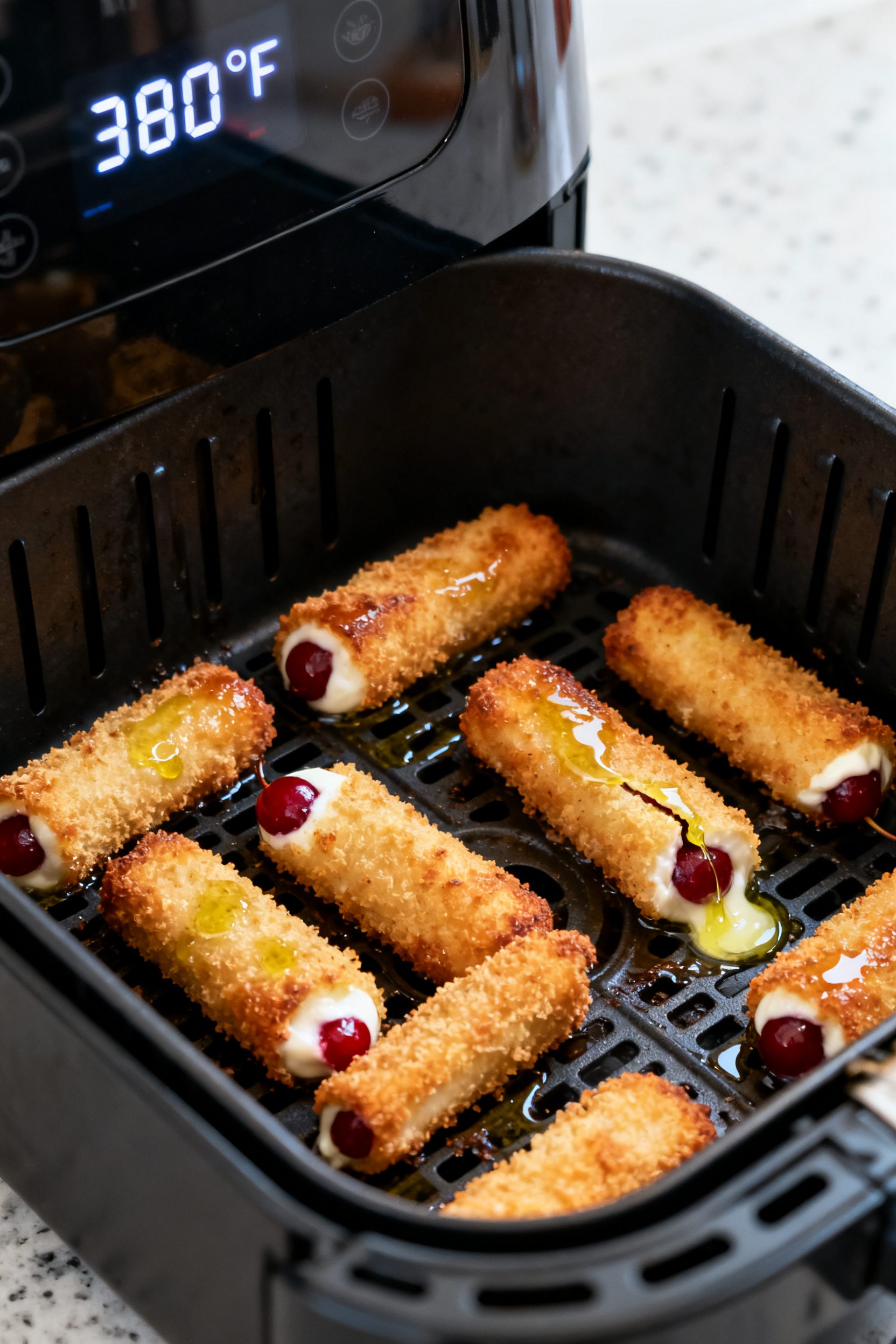 Cooking process: Air fryer basket scene with a single layer of breaded cherry-stuffed mozzarella sti