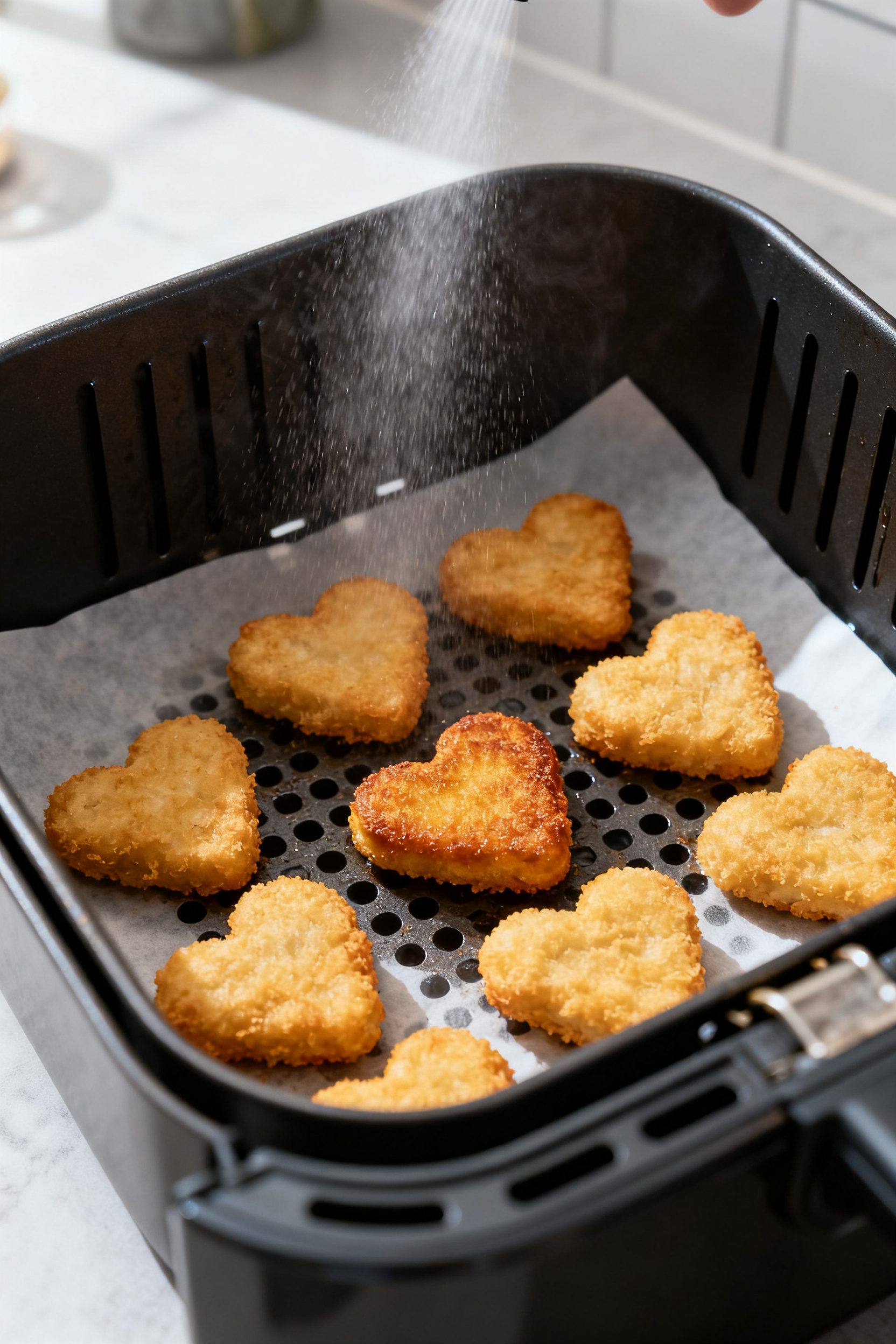 Cooking process: Air fryer basket scene with a single layer of evenly spaced heart-shaped nuggets mi