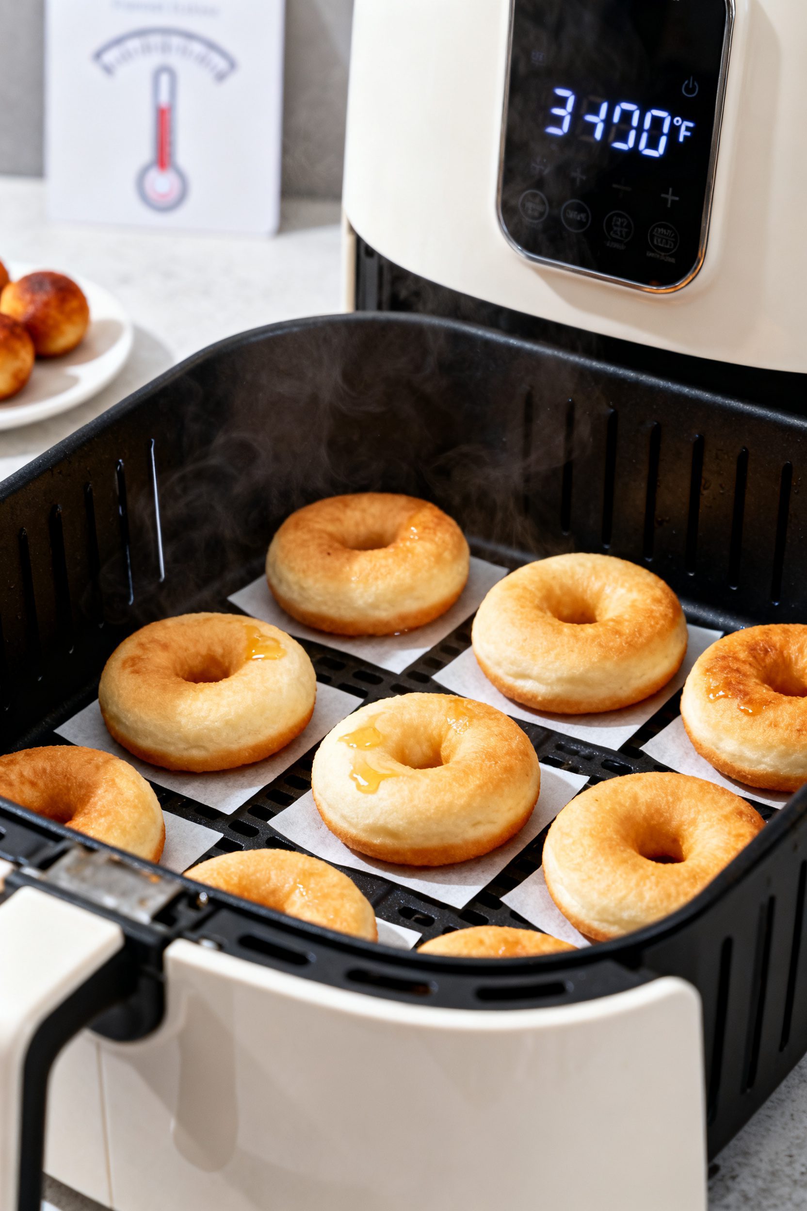 Cooking process: Air fryer basket scene with puffed, second-rise donuts just finished cooking at 350