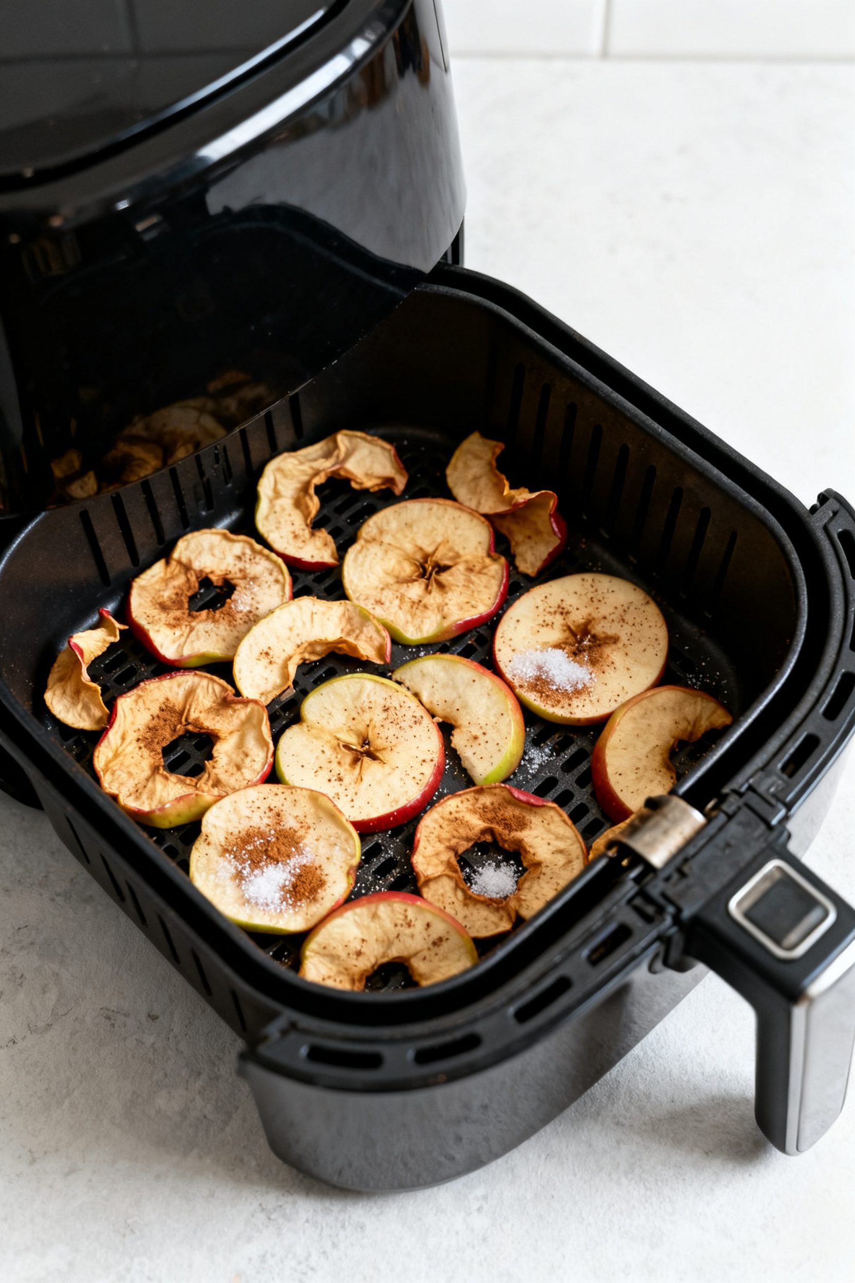 Cooking process: Air fryer basket tray with a single, even layer of partially dried apple slices mid