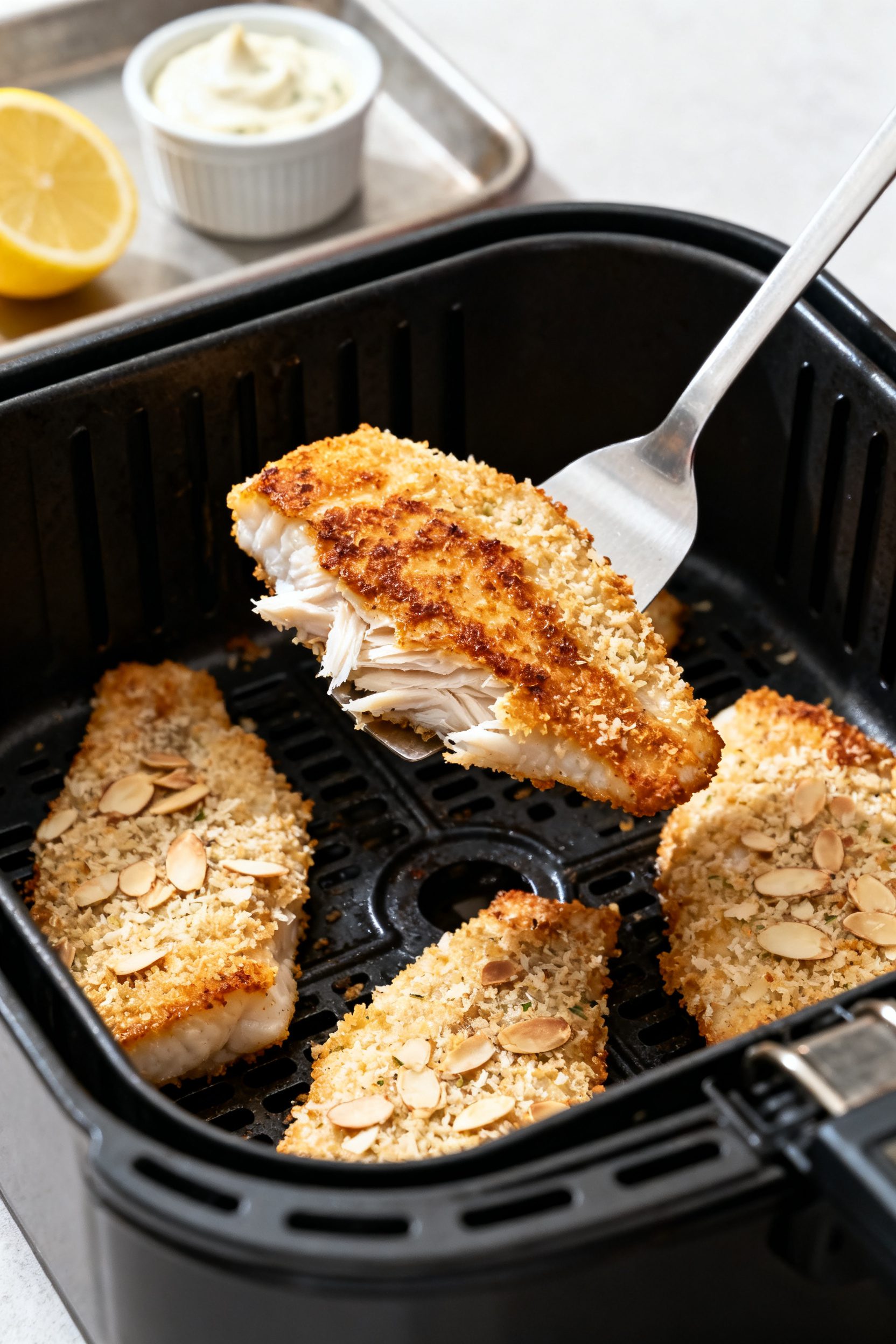 Cooking process: Air fryer cod mid-cook at the flip, fillets coated in almond-Parmesan crust arrange