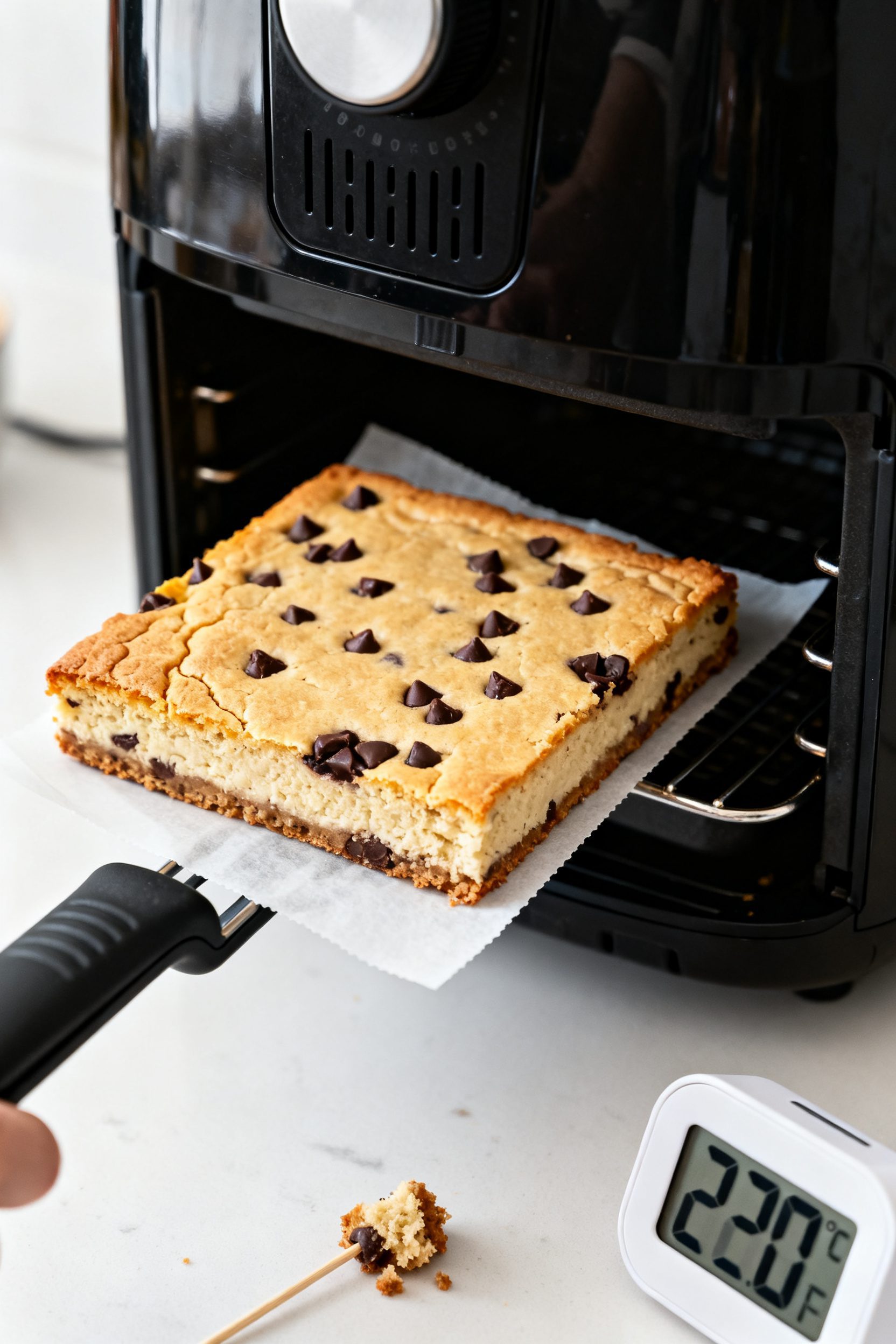 Cooking process, air fryer: Mid-action shot of a small parchment-lined air-fryer-safe pan being lift
