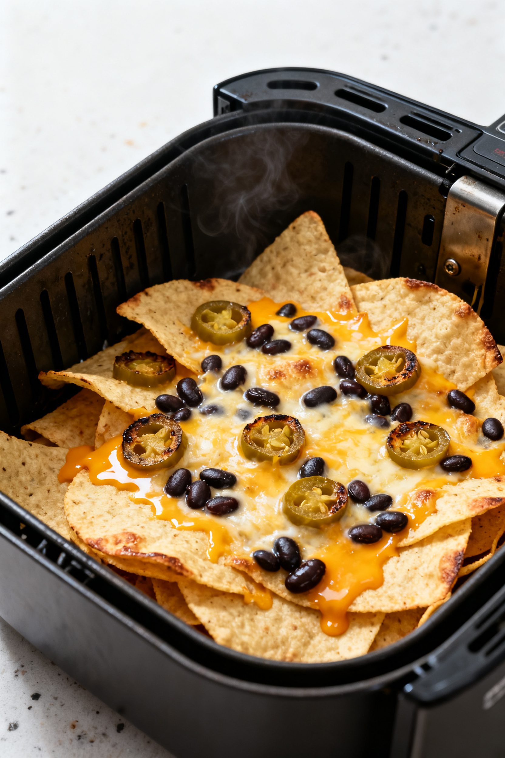 Cooking process — Air fryer pink nachos mid-cook: a removable air fryer basket filled with a singl