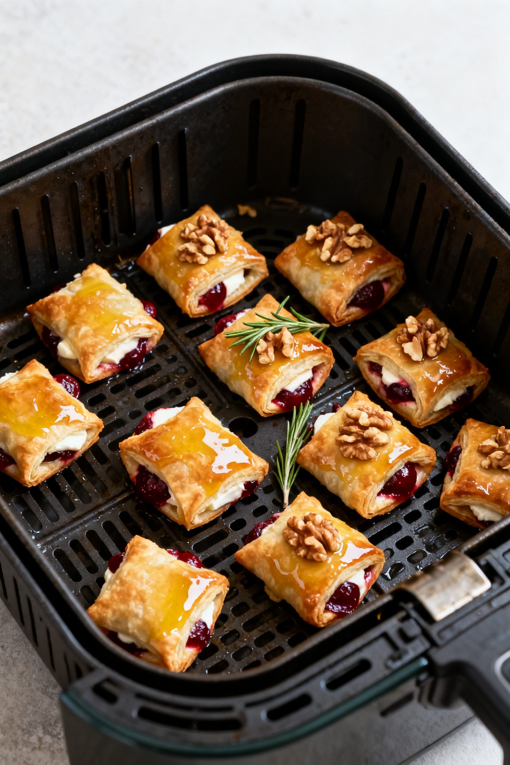 Cooking process: Assembled, sealed Cherry Brie Bites spaced in a single layer inside an air fryer ba