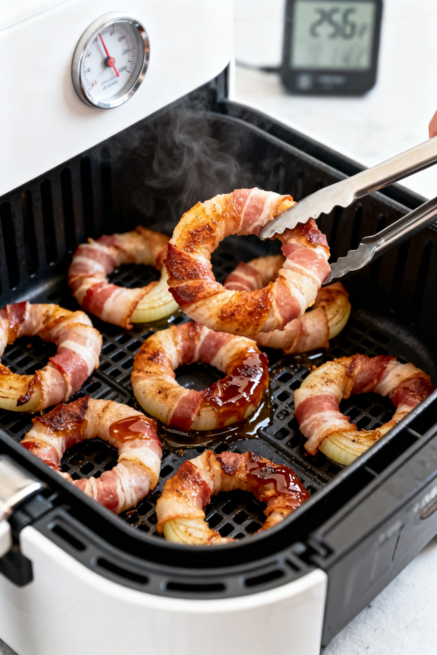 Cooking process: Bacon-wrapped onion rings arranged in a single layer inside an open air fryer baske