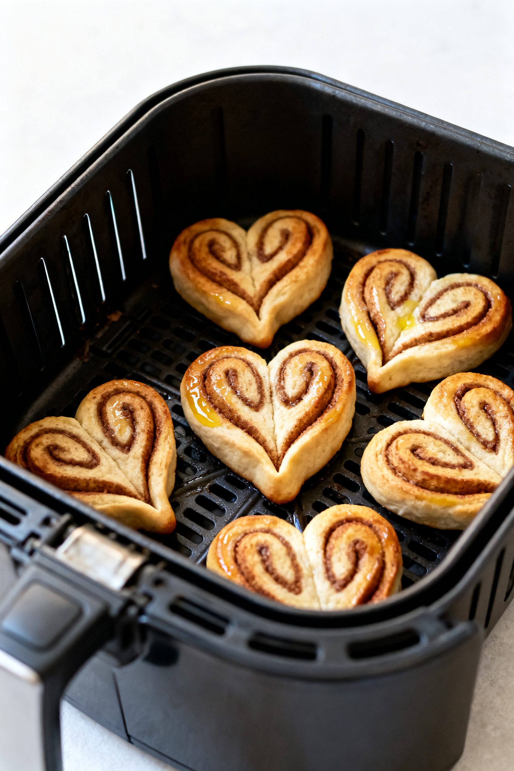 Cooking process beauty shot: Shaped heart cinnamon rolls mid-cook in an air fryer at 325°F, evenly 