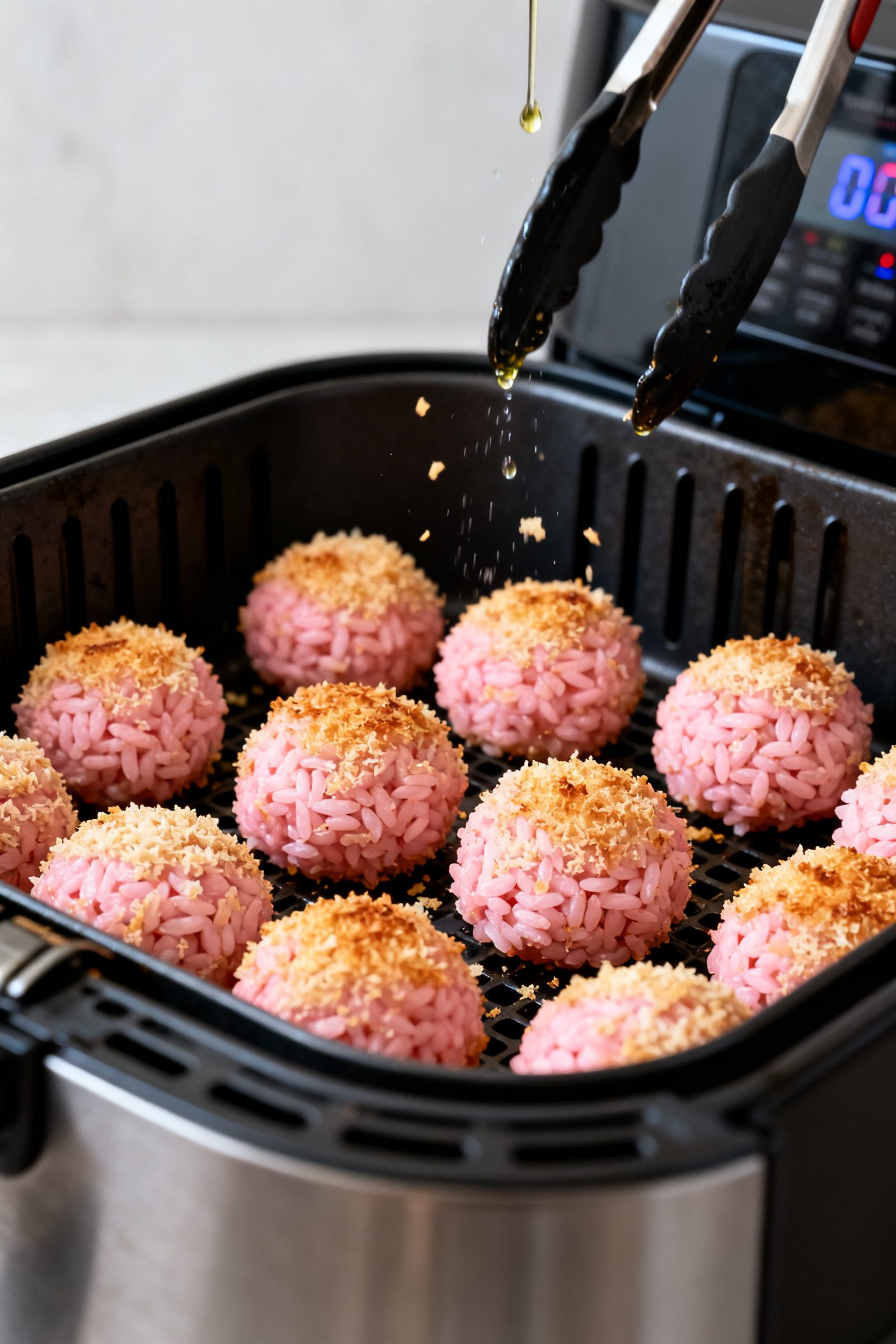 Cooking process: Breaded pink risotto balls arranged in a single layer in an air fryer basket mid-co