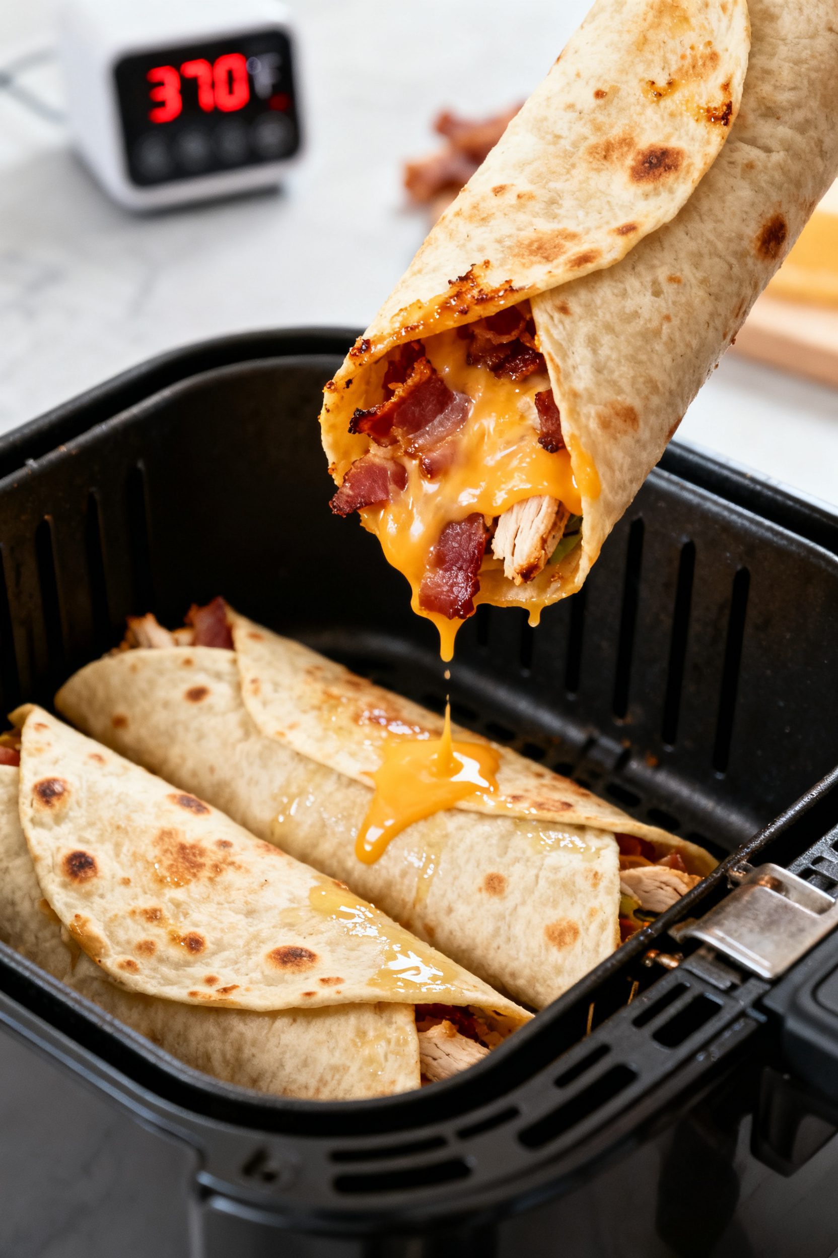 Cooking process: Burrito-style chicken bacon ranch wraps seam-side down in an air fryer basket mid-c