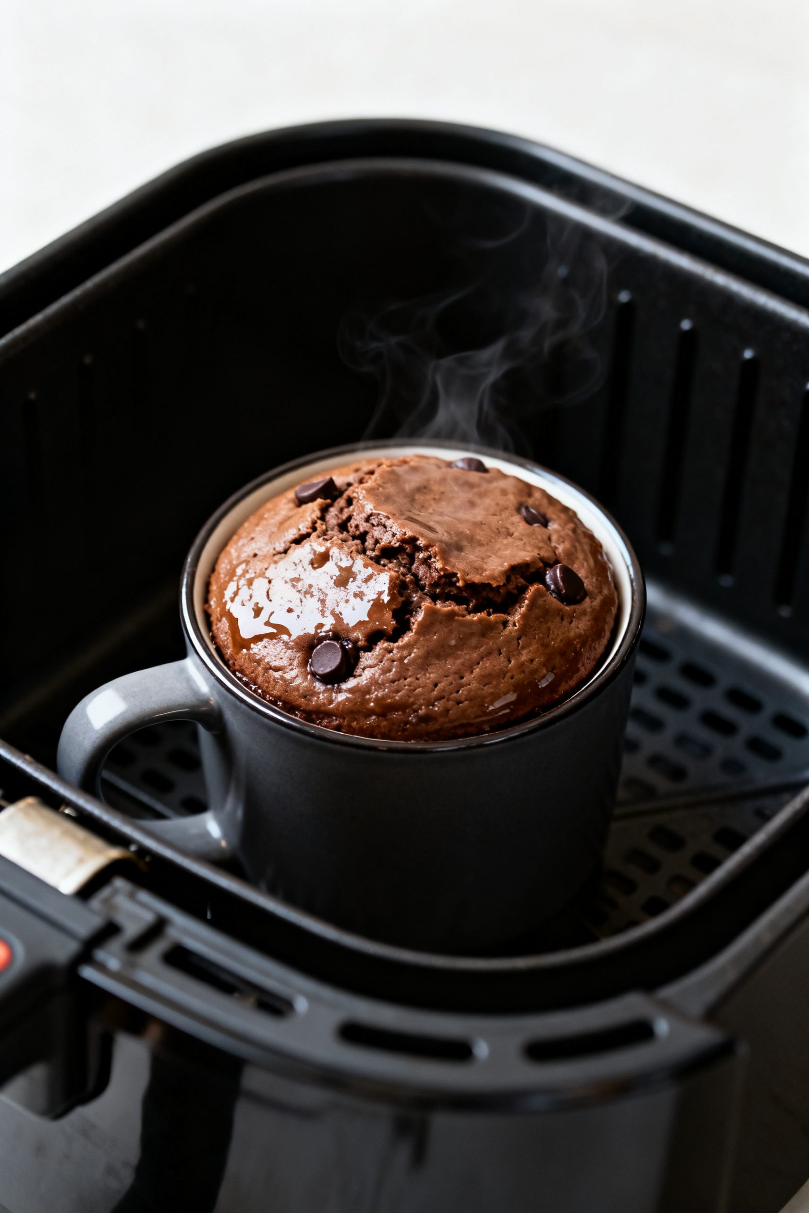 Cooking process close-up: A sturdy 10–12 oz oven-safe mug set inside an open air fryer basket at 3