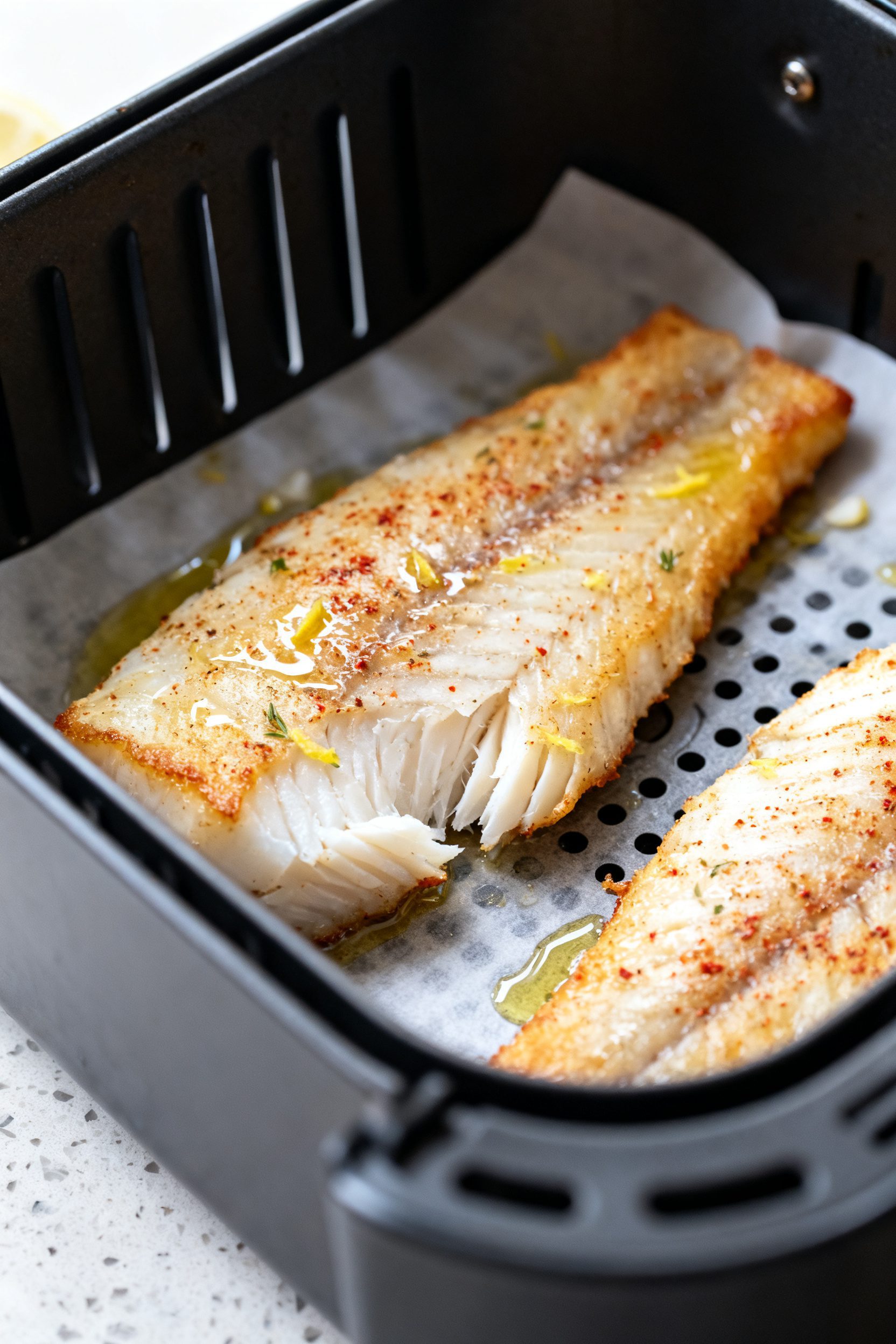 Cooking process close-up: Air-fried Alaskan cod fillets sizzling in a preheated 400°F air fryer bas