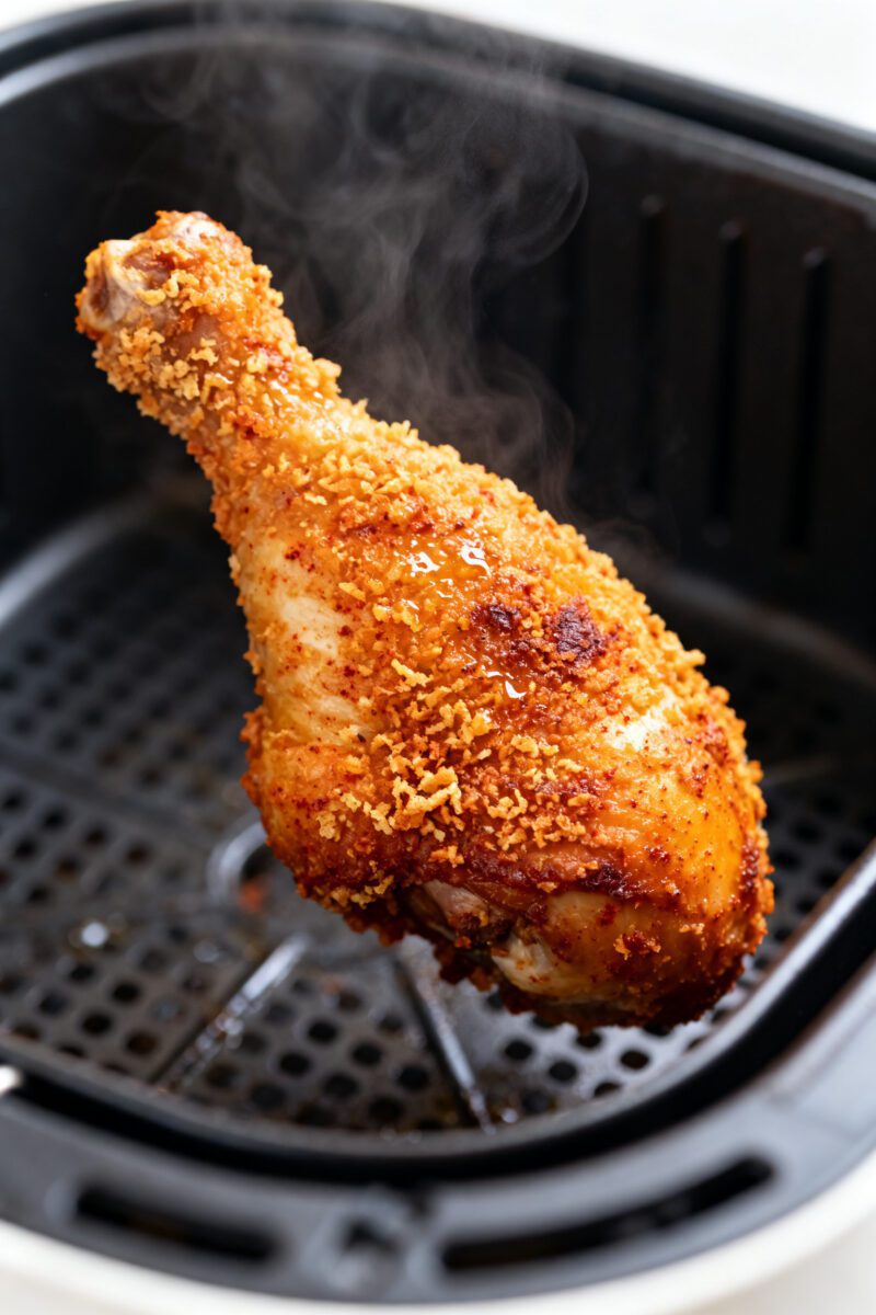 Cooking process close-up: Air-fried, breaded chicken thigh just flipped in a preheated air fryer bas