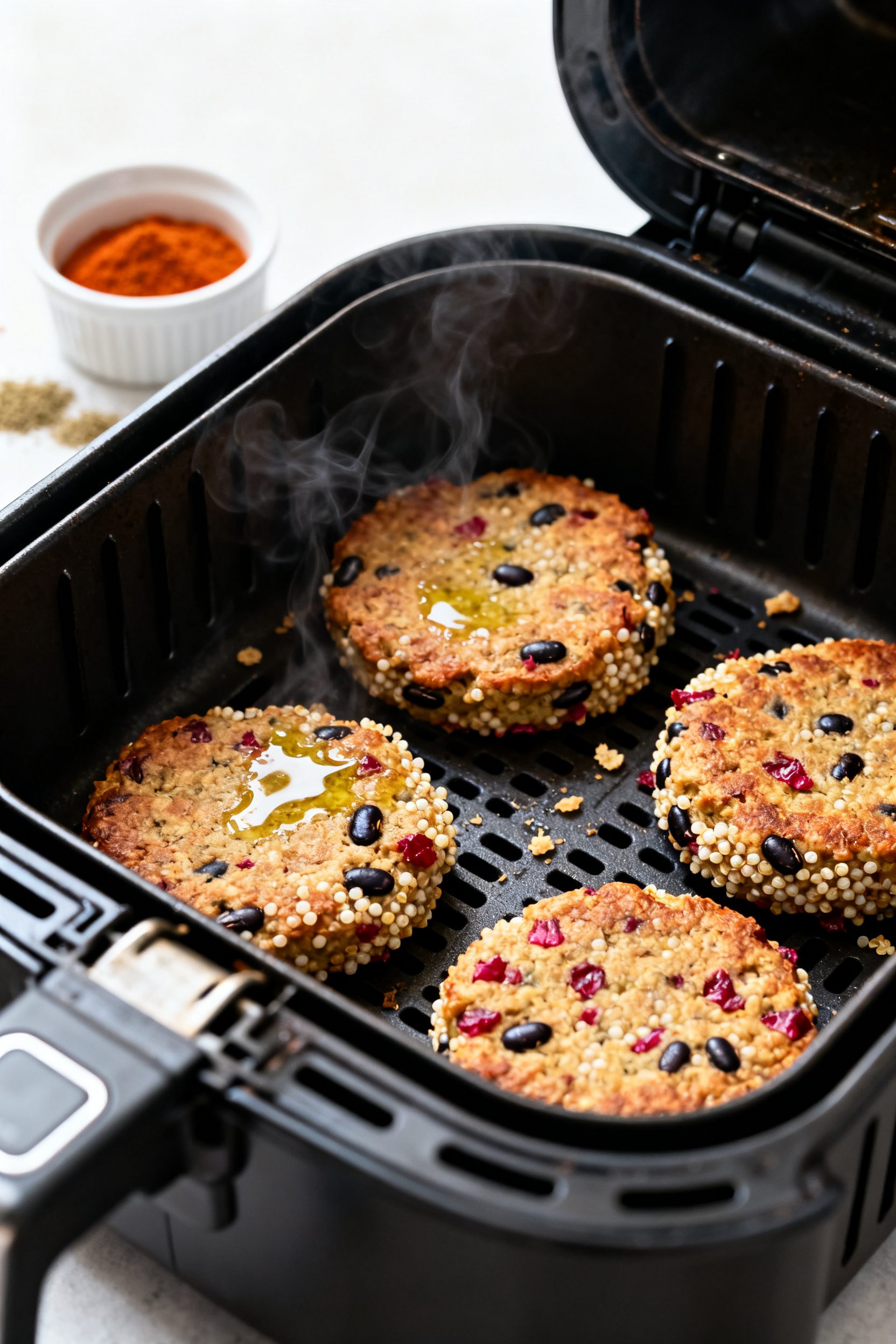 Cooking process, close-up: Air-fried cherry veggie burger patties sizzling in an open air fryer bask