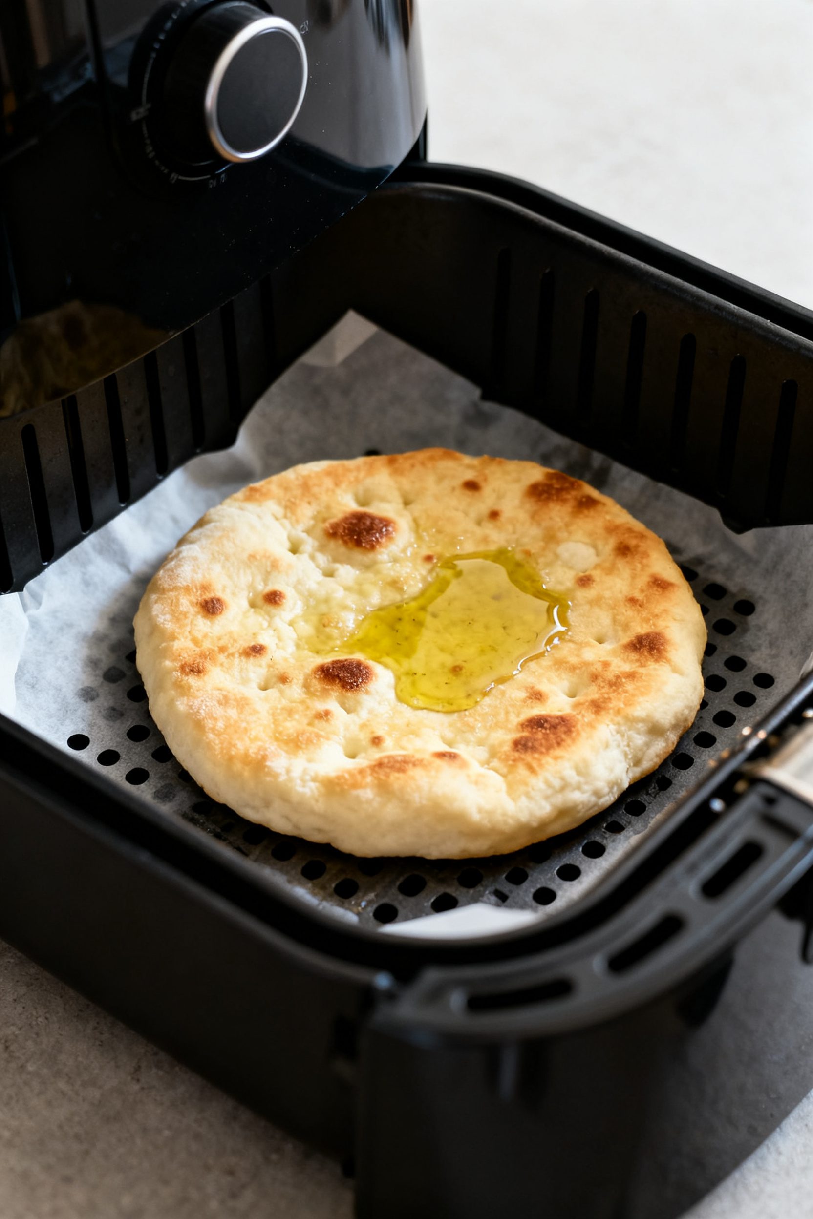 Cooking process close-up: Air-fried cottage cheese flatbread mid-cook in an open air fryer basket, f