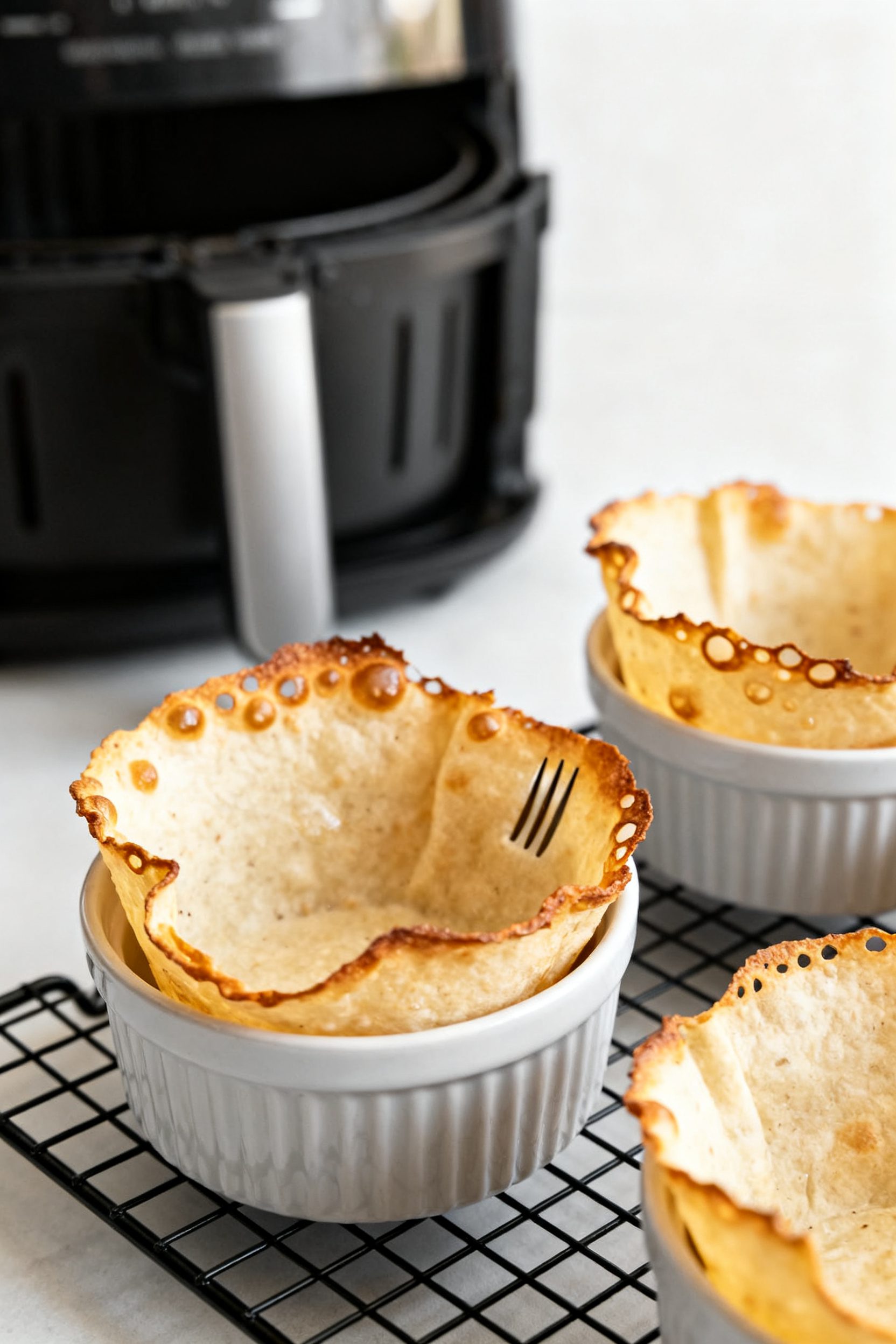 Cooking process close-up: Air-fried flour tortilla bowls just finished crisping at 350°F, golden-br
