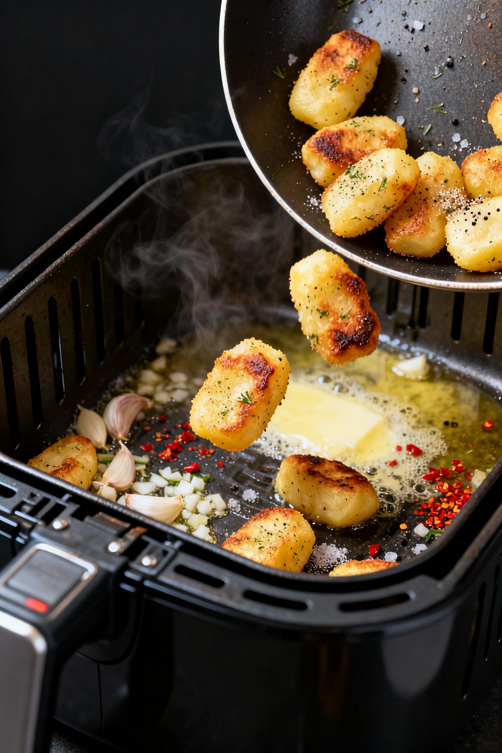 Cooking process close-up: Air-fried gnocchi just out of the basket at 400°F, golden-brown and blist
