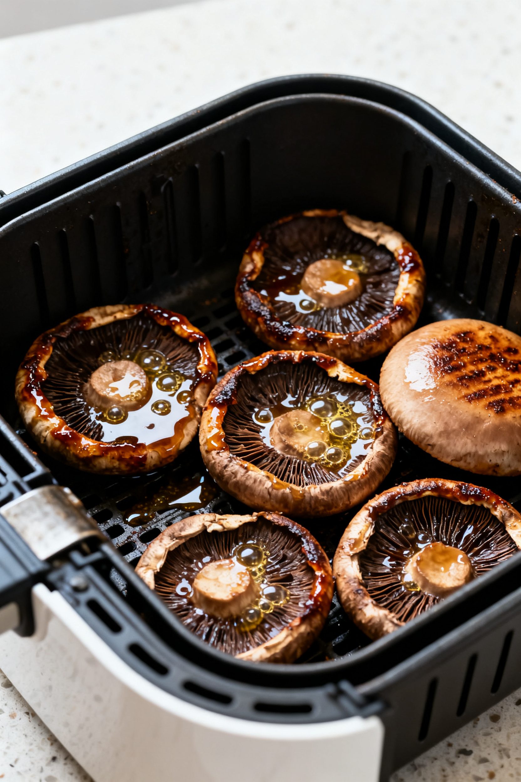 Cooking process close-up: Air-fried portobello mushroom caps in an open air fryer basket at 375°F,