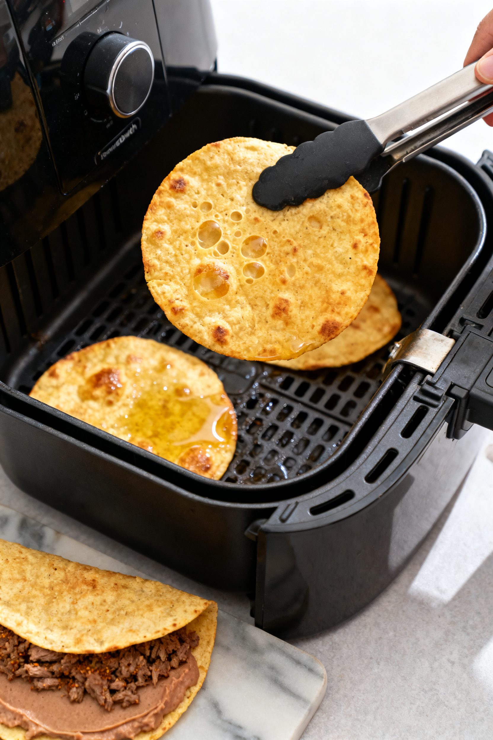 Cooking process close-up: Air-fried tortillas just turned golden and crisp in an open air fryer bask