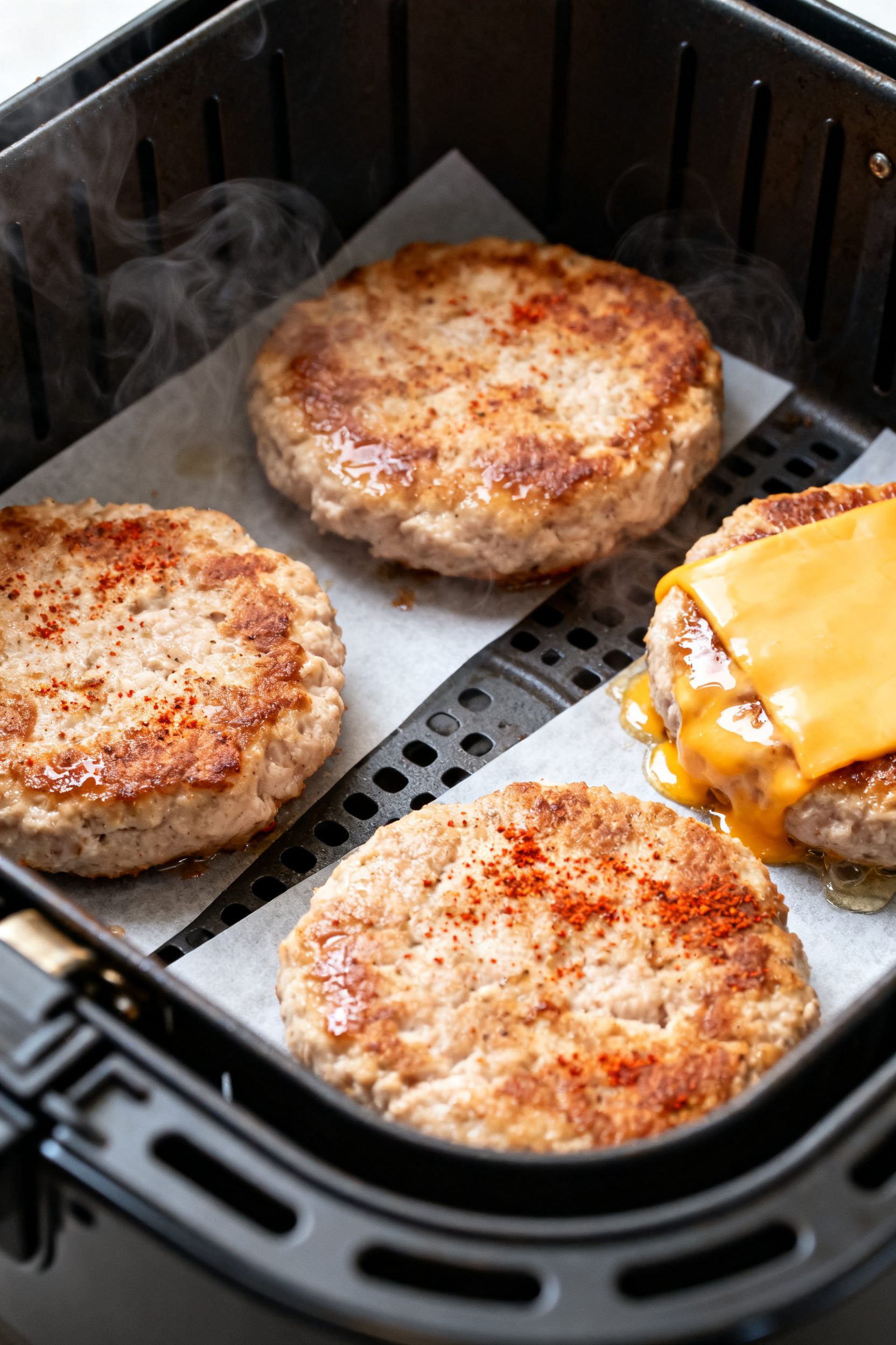 Cooking process close-up: Air-fried turkey burgers mid-cook in an open air fryer basket at 375°F, p