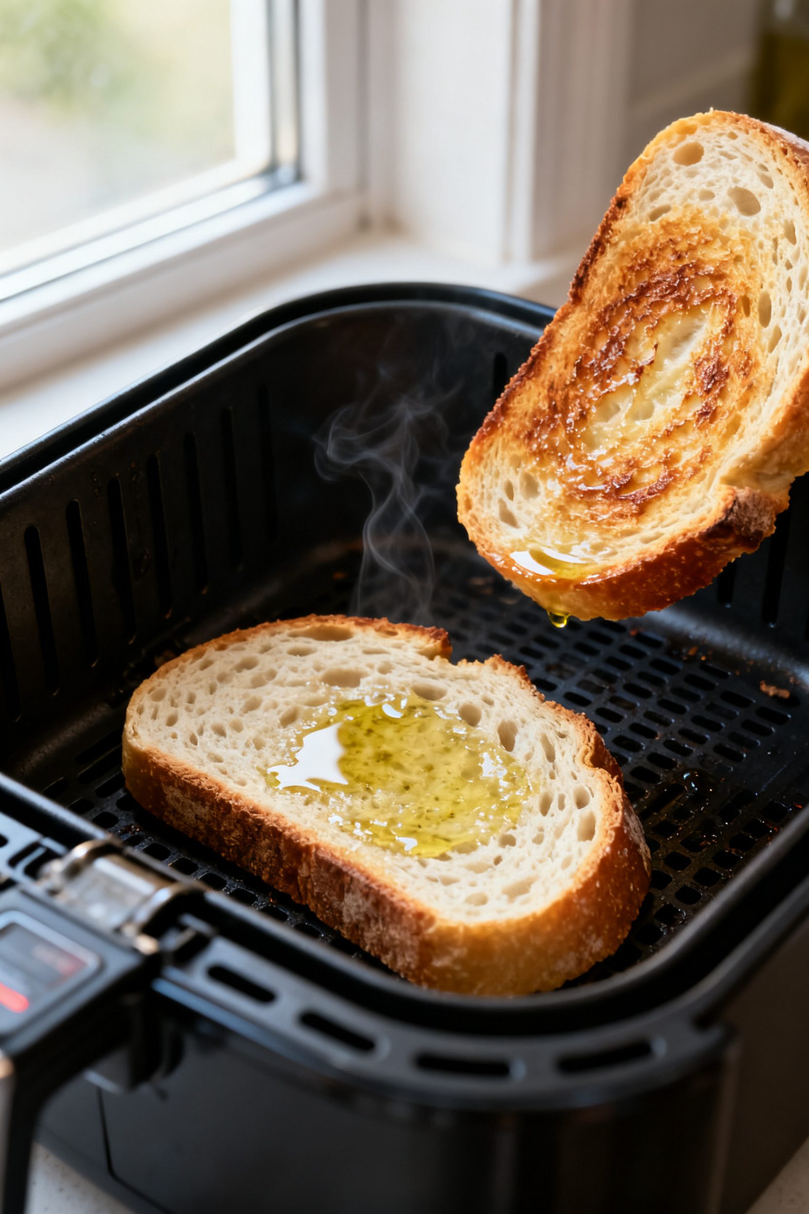 Cooking process close-up: Air fryer basket at 375°F with two medium-thick sourdough slices mid-toas