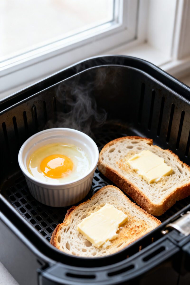 Cooking process close-up: Air fryer basket at 375°F with two slices of buttered sourdough toasting