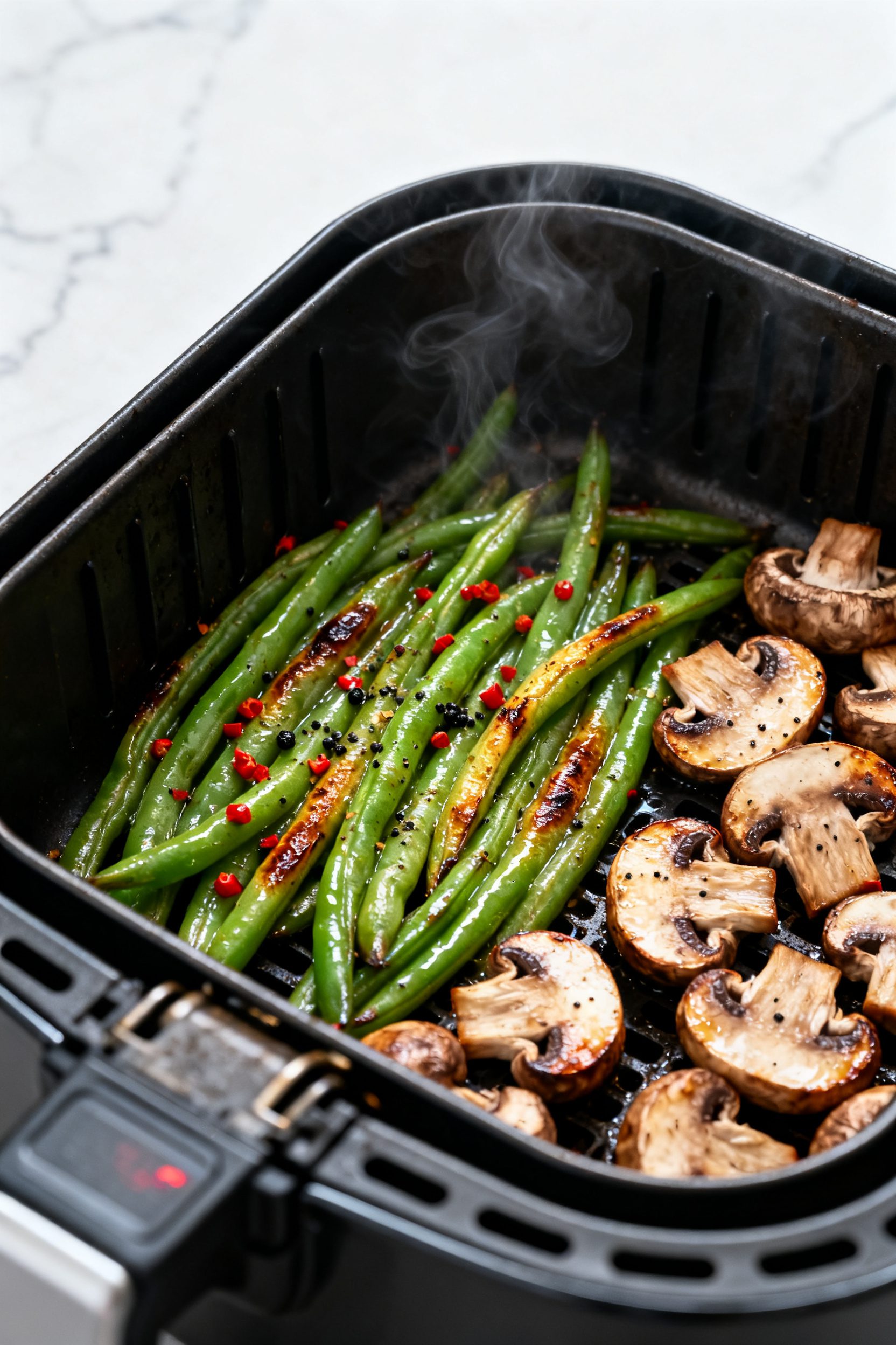 Cooking process close-up: Air-fryer basket at 380°F filled with a single layer of cooked green bean