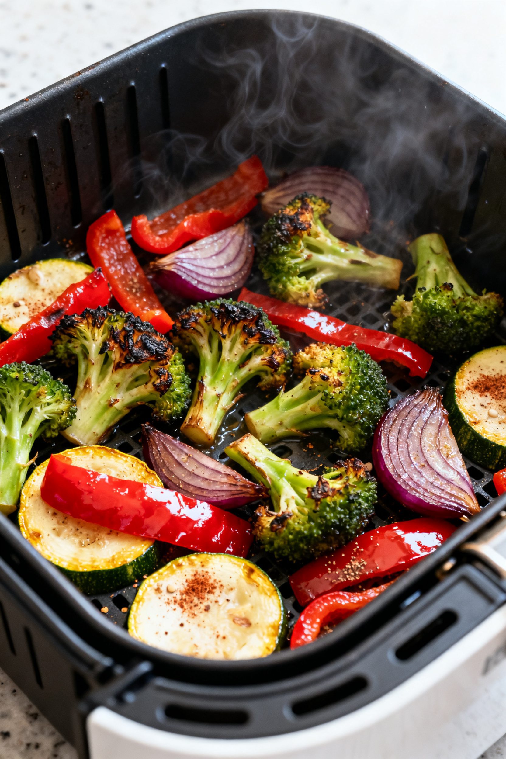 Cooking process close-up: Air fryer basket at 400°F with sizzling, cooked vegetables getting a head