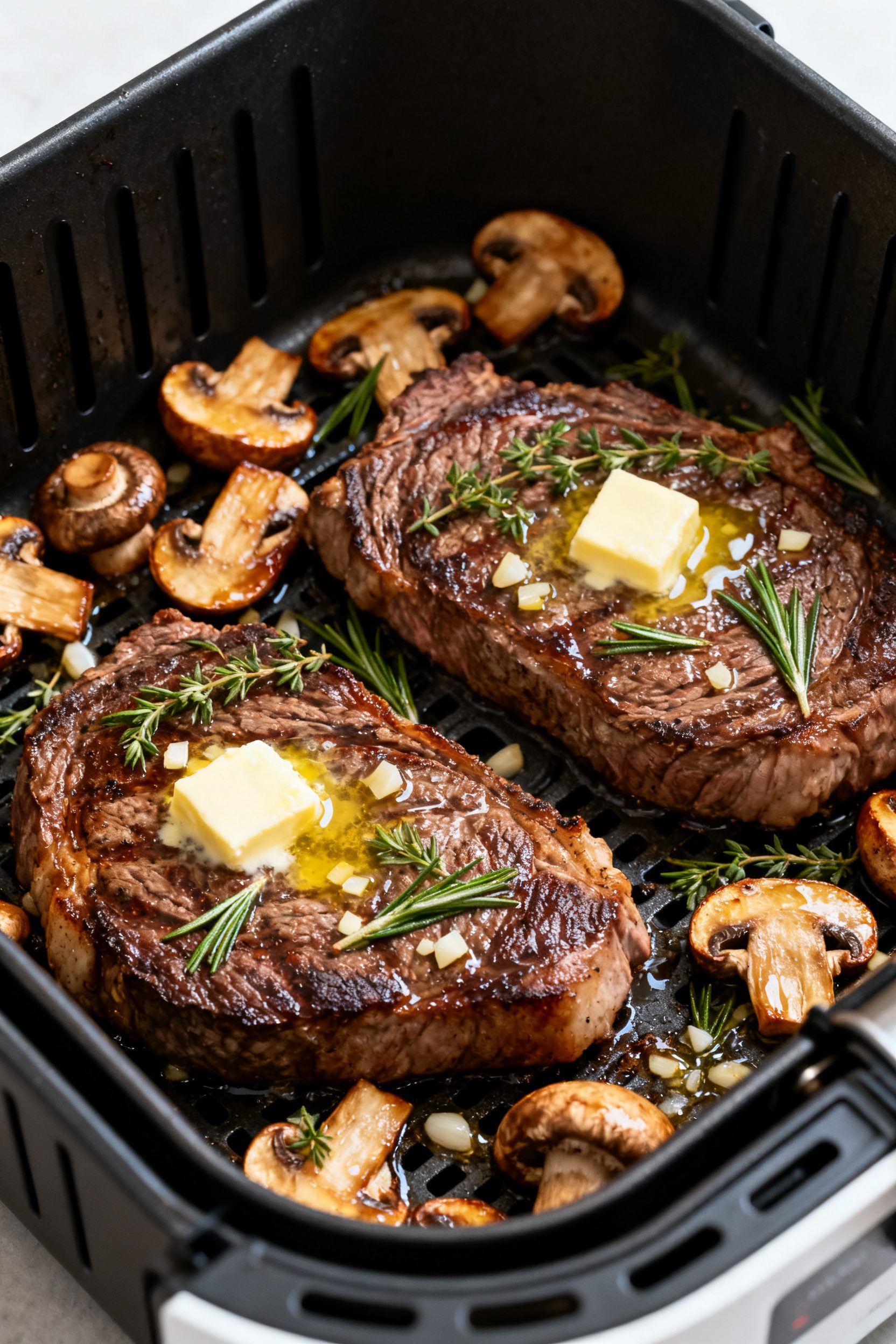 Cooking process close-up: Air fryer basket at 400°F with two seared ribeye steaks mid-cook, flipped