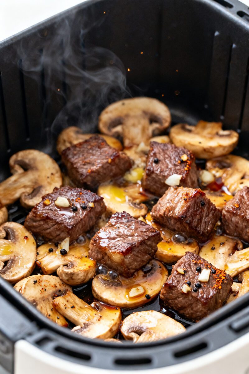 Cooking process close-up: Air fryer basket at 400°F filled with sizzling, browned steak bites nestl