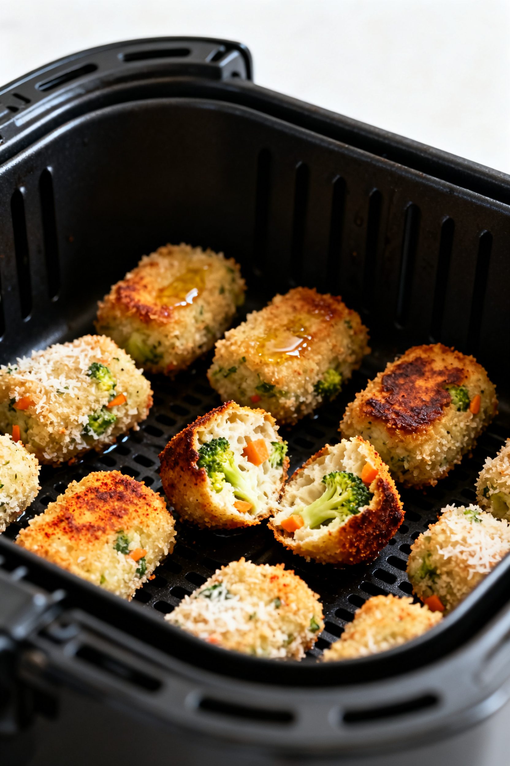 Cooking process close-up: Air fryer basket at 400°F with a single layer of veggie tots mid-cook, to