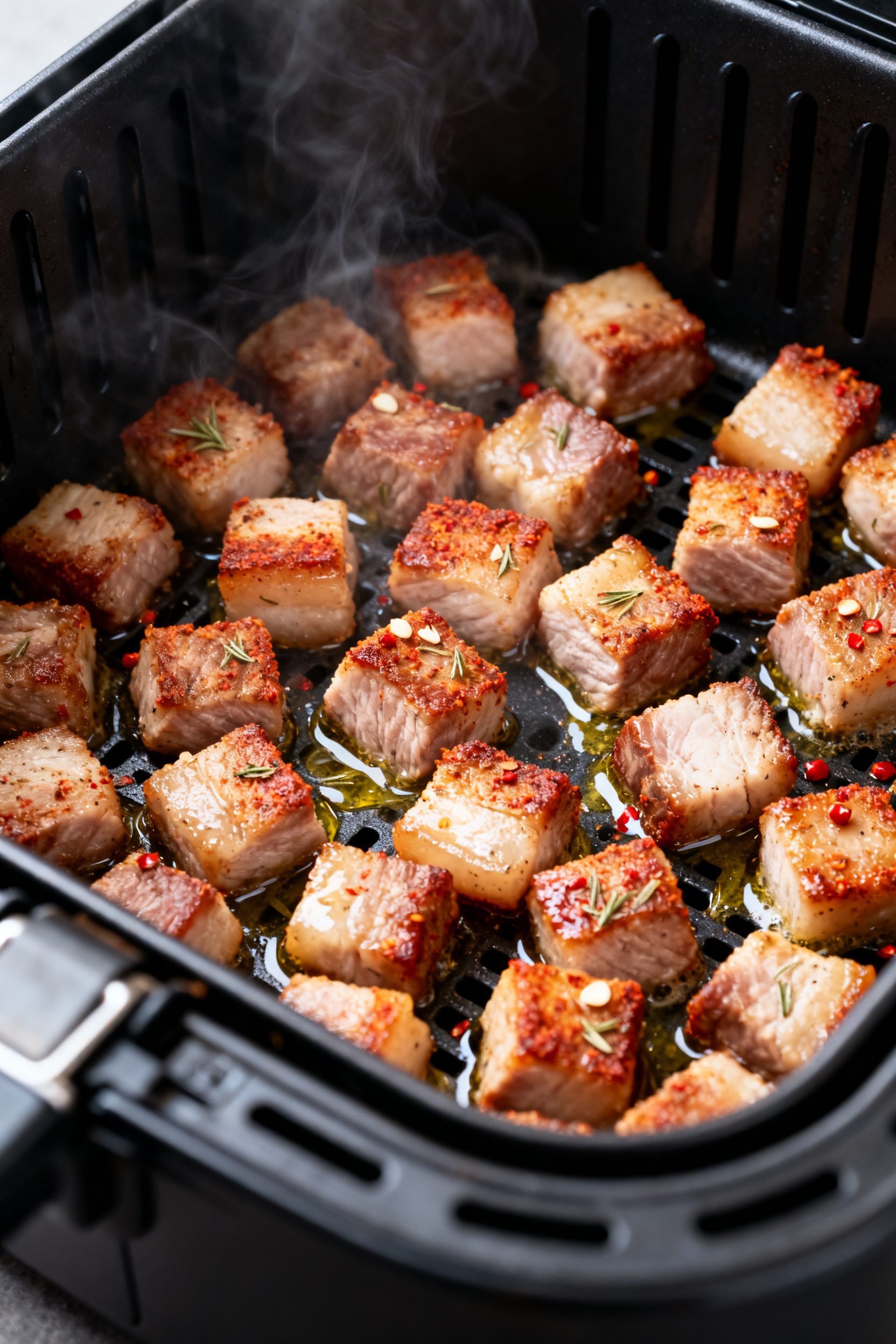 Cooking process close-up: Air fryer basket at 400°F filled with a single layer of sizzling, fully c