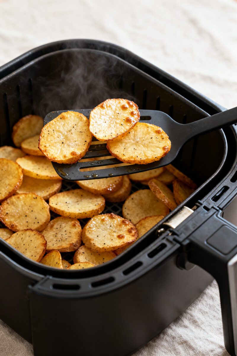 Cooking process close-up: Air fryer basket filled with evenly cut, golden-brown salt and pepper chip