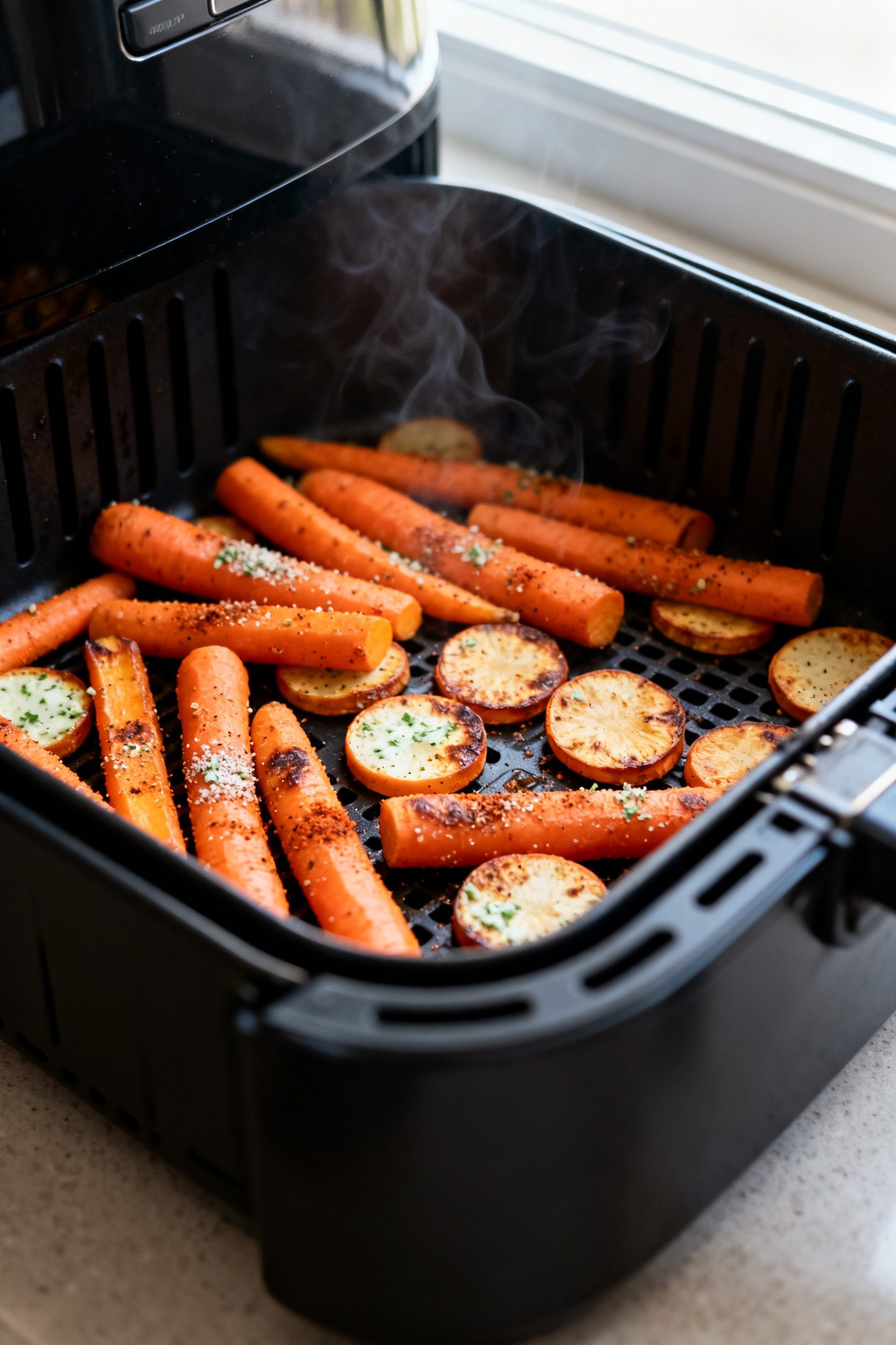 Cooking process close-up: Air fryer basket filled with seasoned carrot sticks and coins in a mostly 