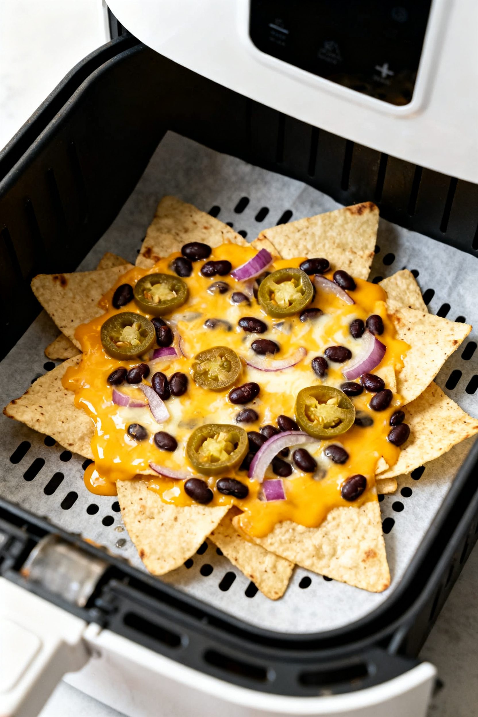 Cooking process close-up: Air fryer basket lined with perforated parchment holding a single, even la
