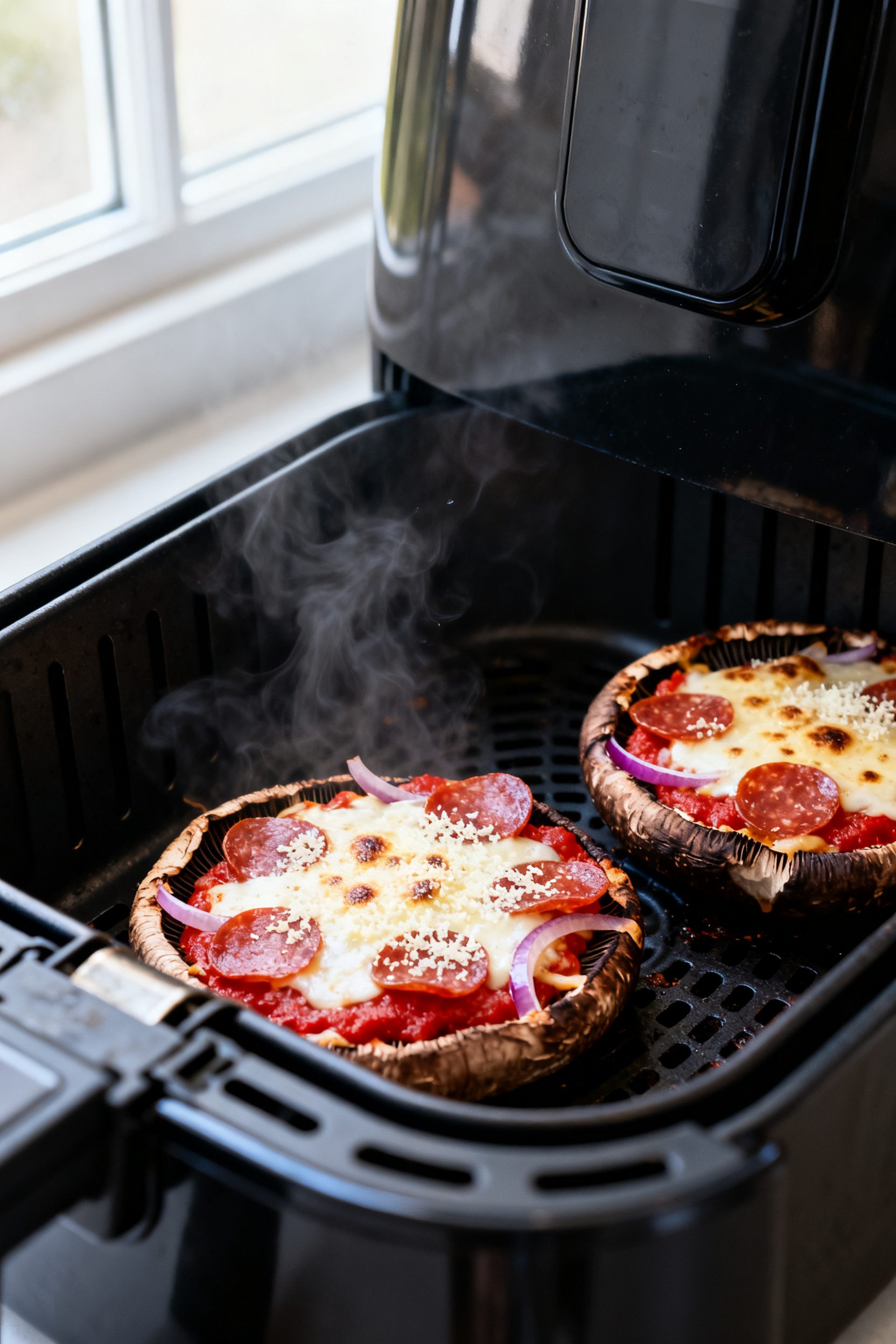 Cooking process close-up: Air fryer basket partially pulled out with two portobello “pizzas” mid