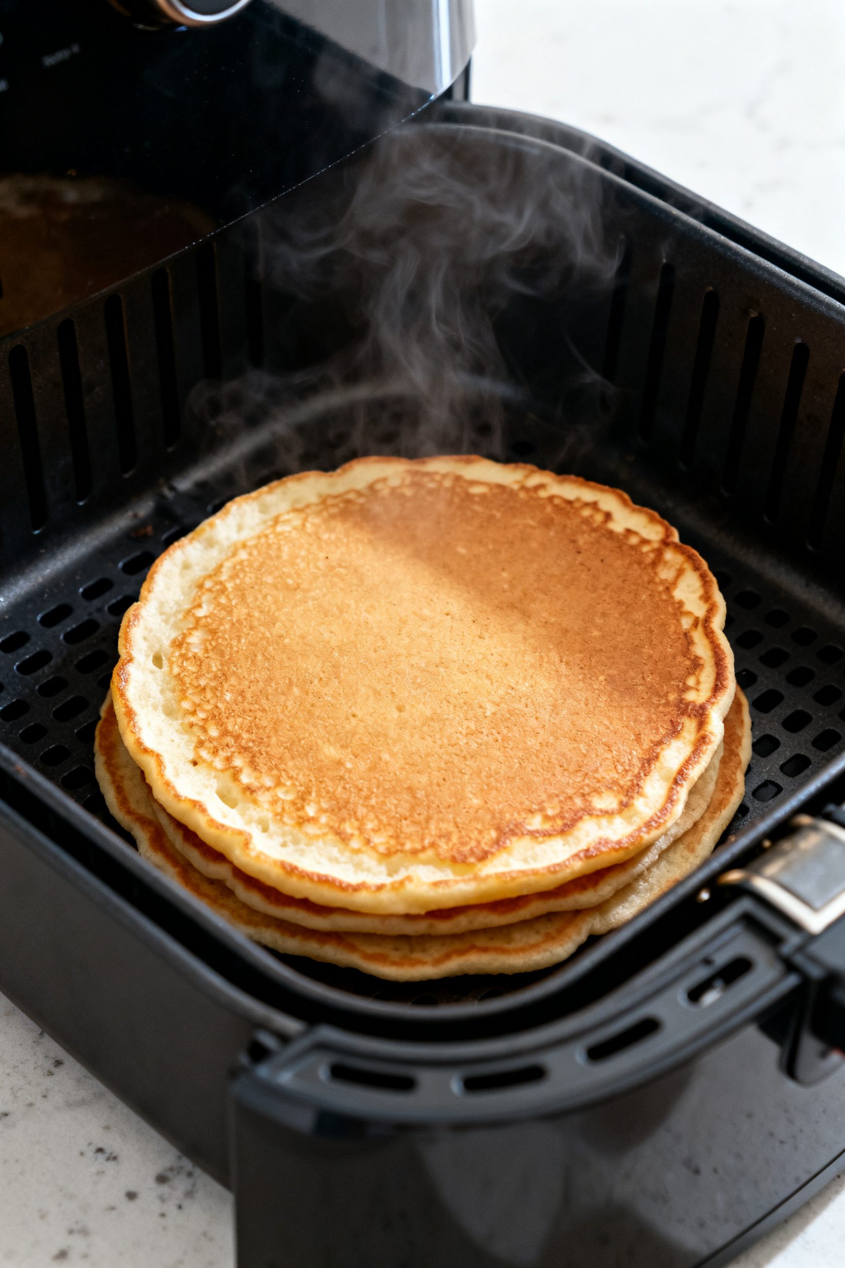 Cooking process close-up: Air fryer basket preheated to 350°F filled with a single layer of cooked-